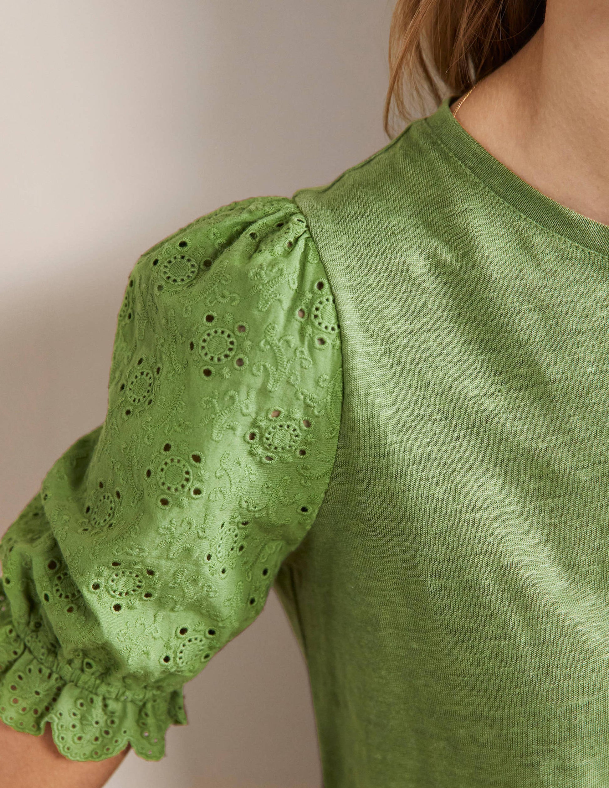 Broderie Sleeve Linen T-Shirt-English Ivy-2