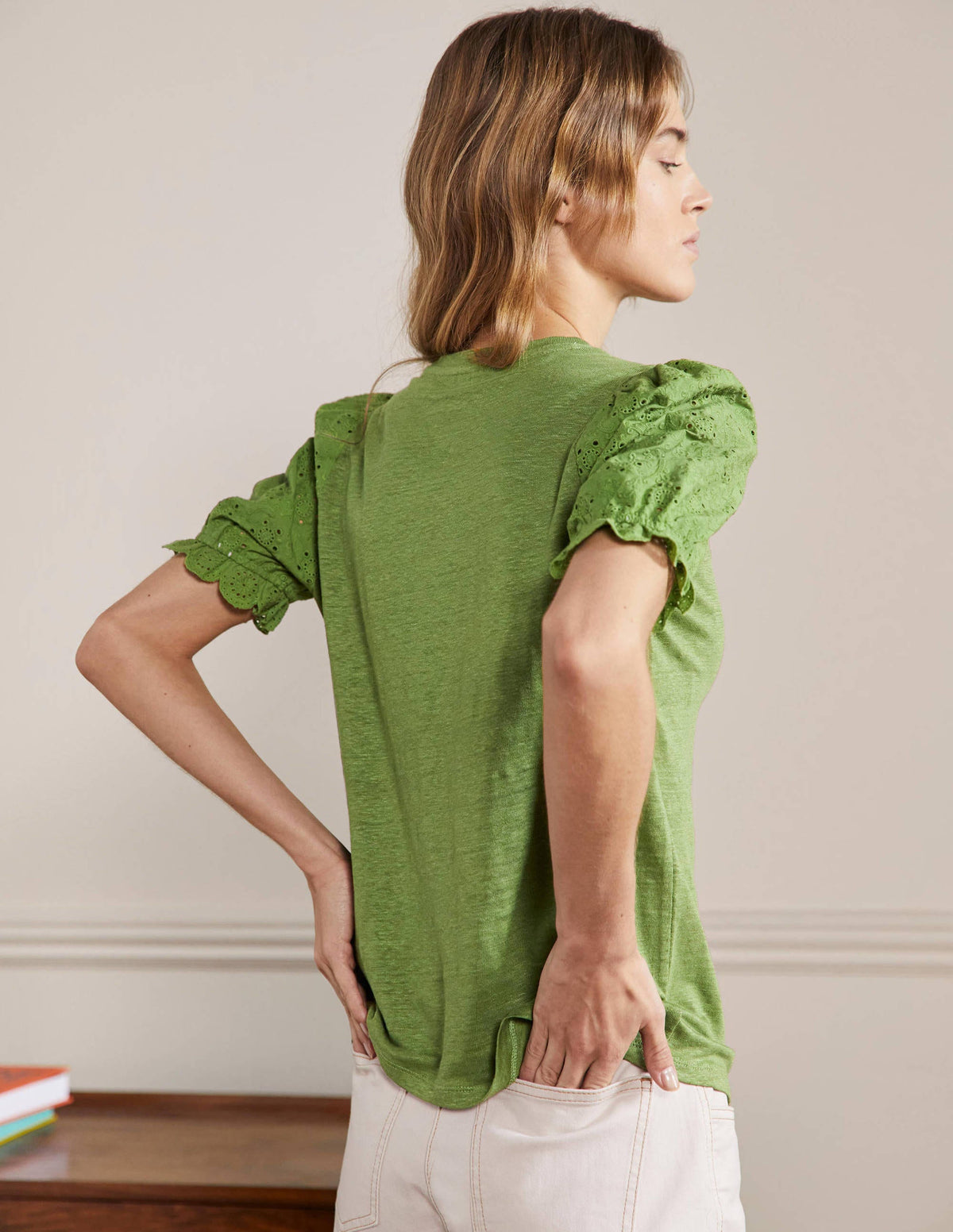 Broderie Sleeve Linen T-Shirt-English Ivy-3