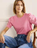 T-shirt en lin avec manches à broderie anglaise-Rose bouquet