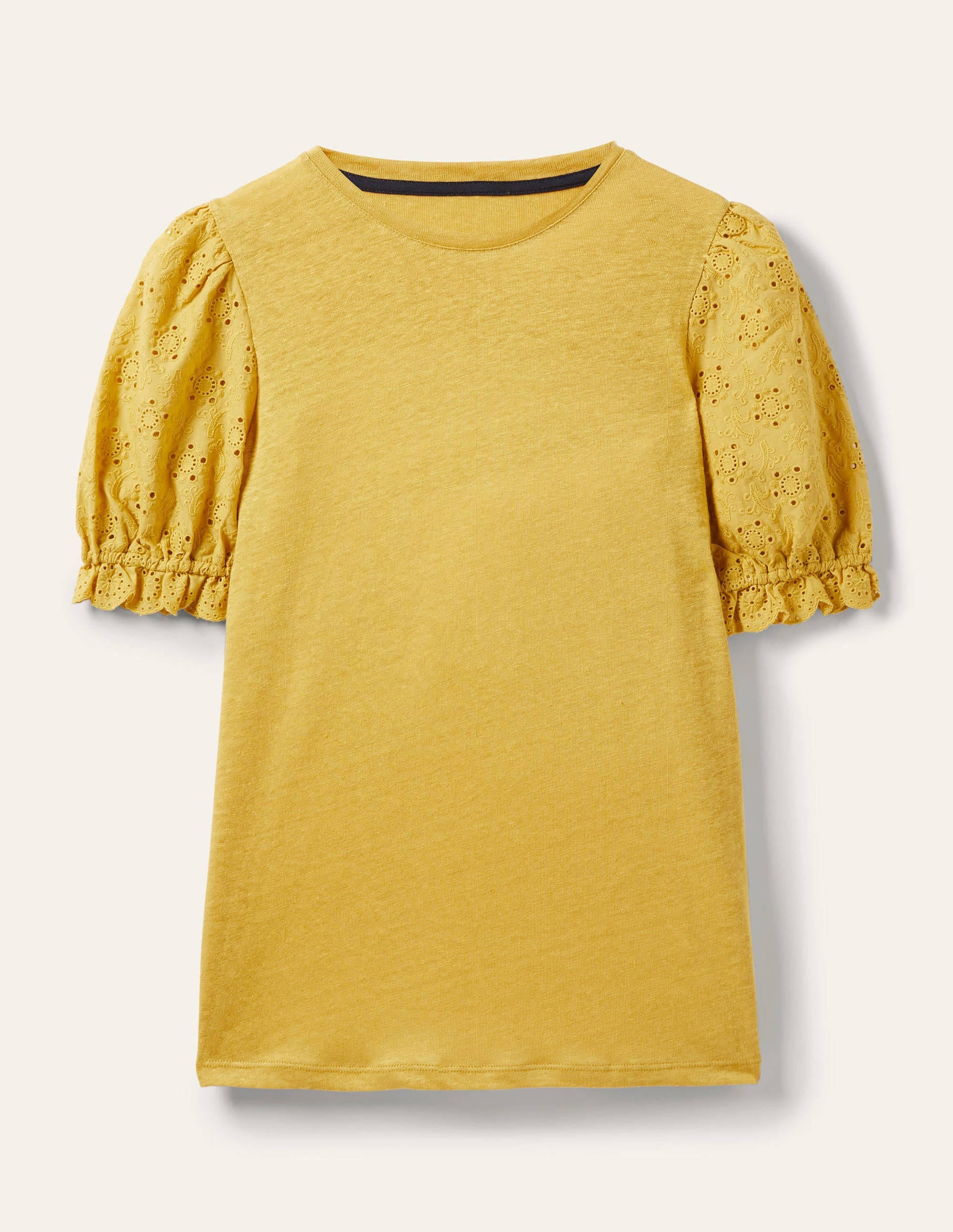 T-shirt en lin avec manches à broderie anglaise-Beurre - Image 5
