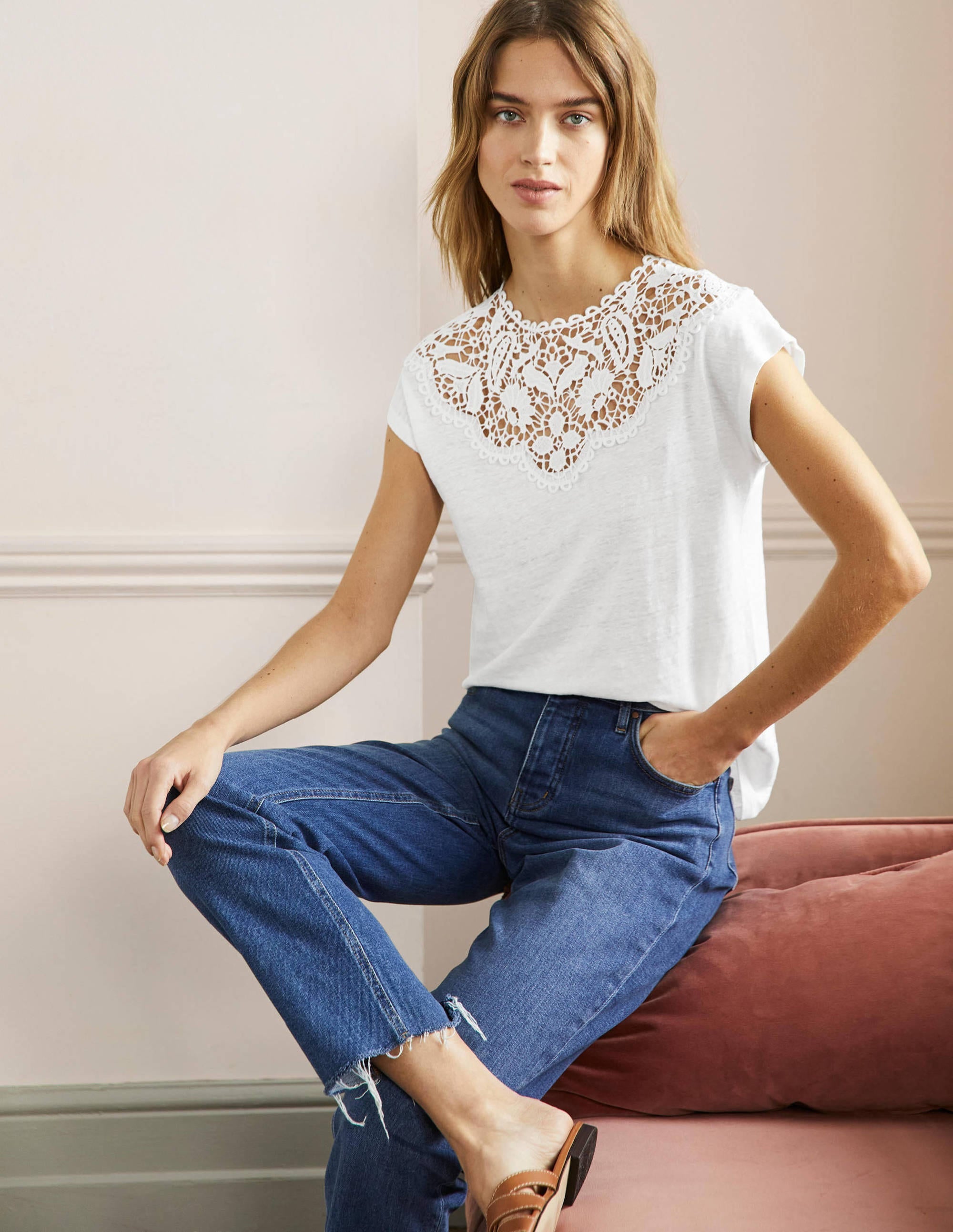 Leinen-T-Shirt mit Lochspitze-Weiß - Image 4