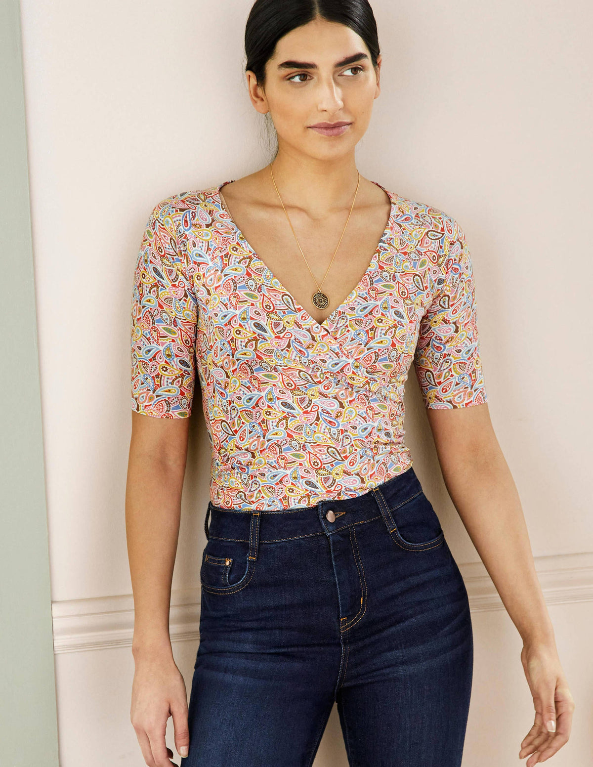 Top cache-cœur à manches courtes-Multi, motif Paisley Blush-1