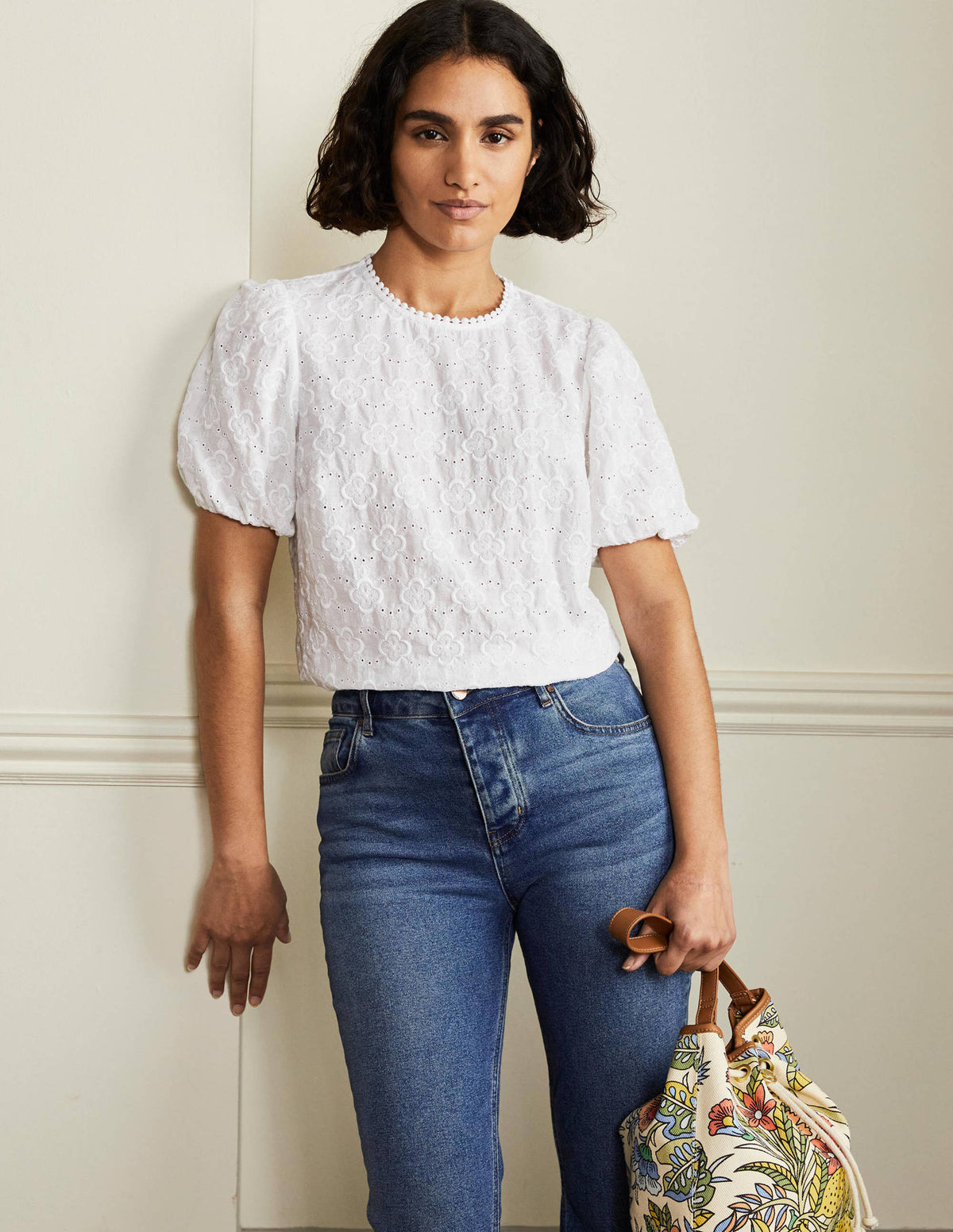 Broderie Puff Sleeve Top-White-1
