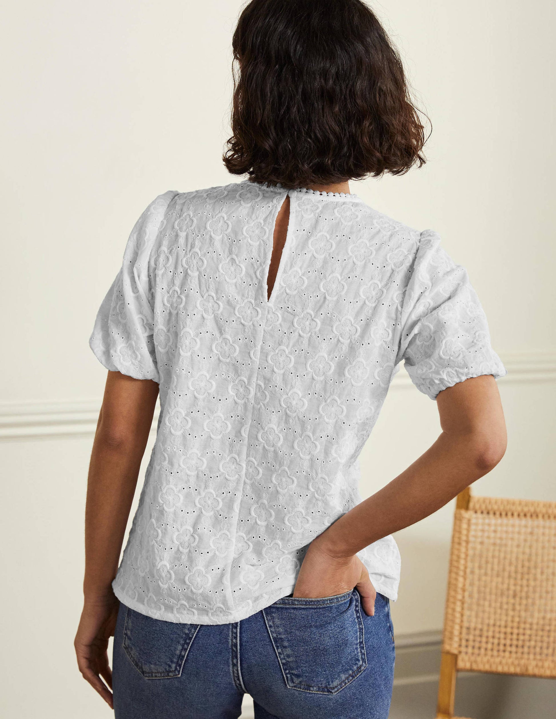 Broderie Puff Sleeve Top-White-3