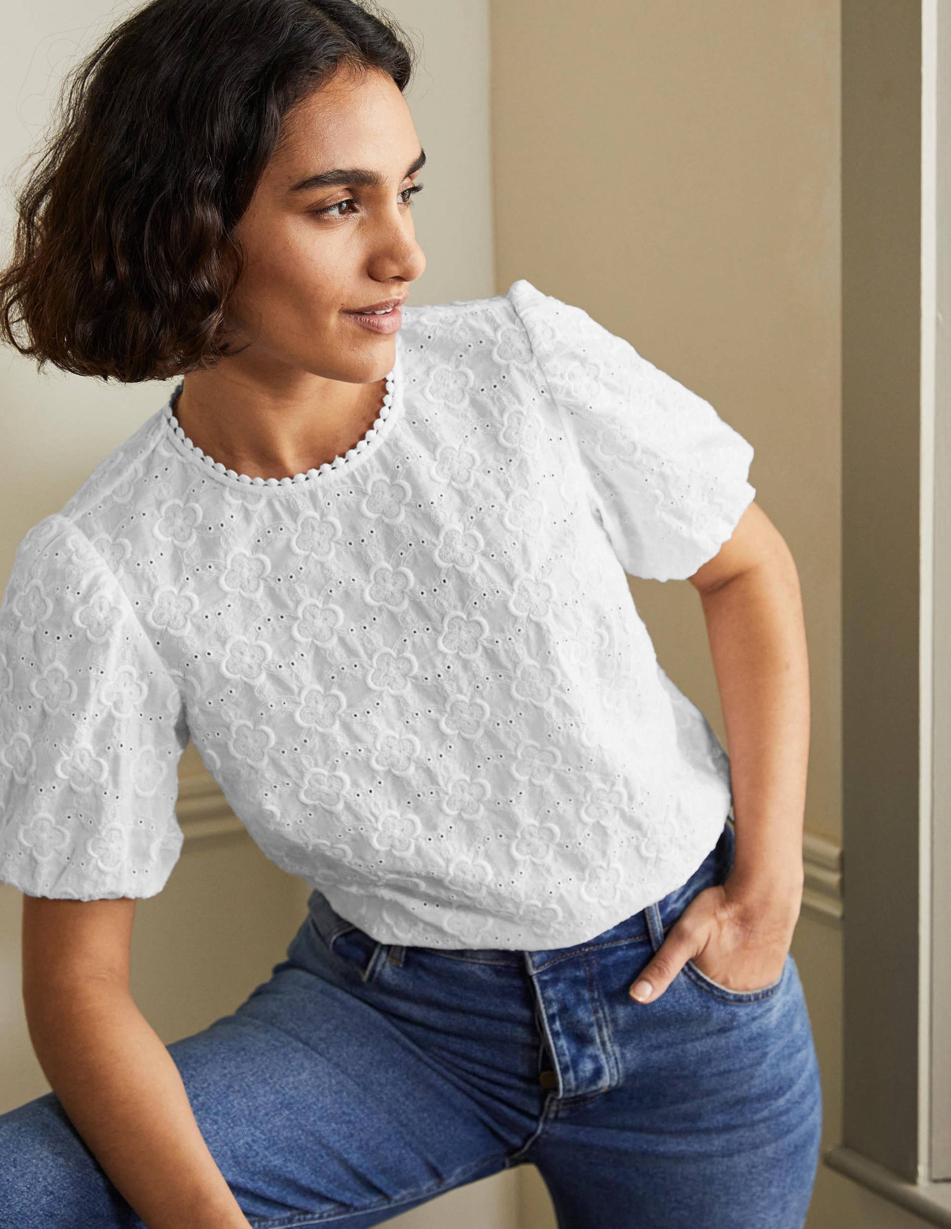 Broderie Puff Sleeve Top-White-4