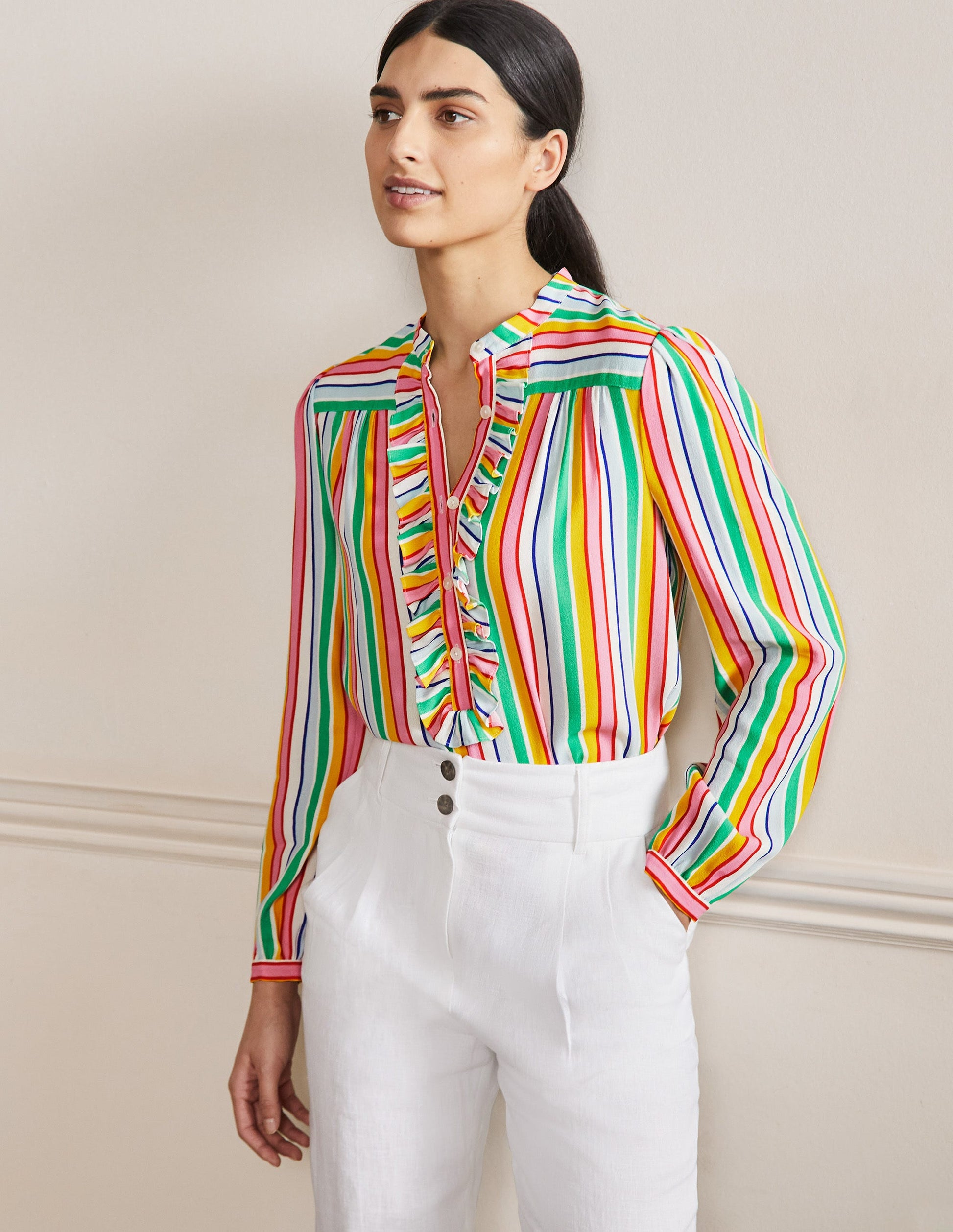 Rüschenbluse zum Hineinschlüpfen-Regenbogen/Bunt, Gestreift-1