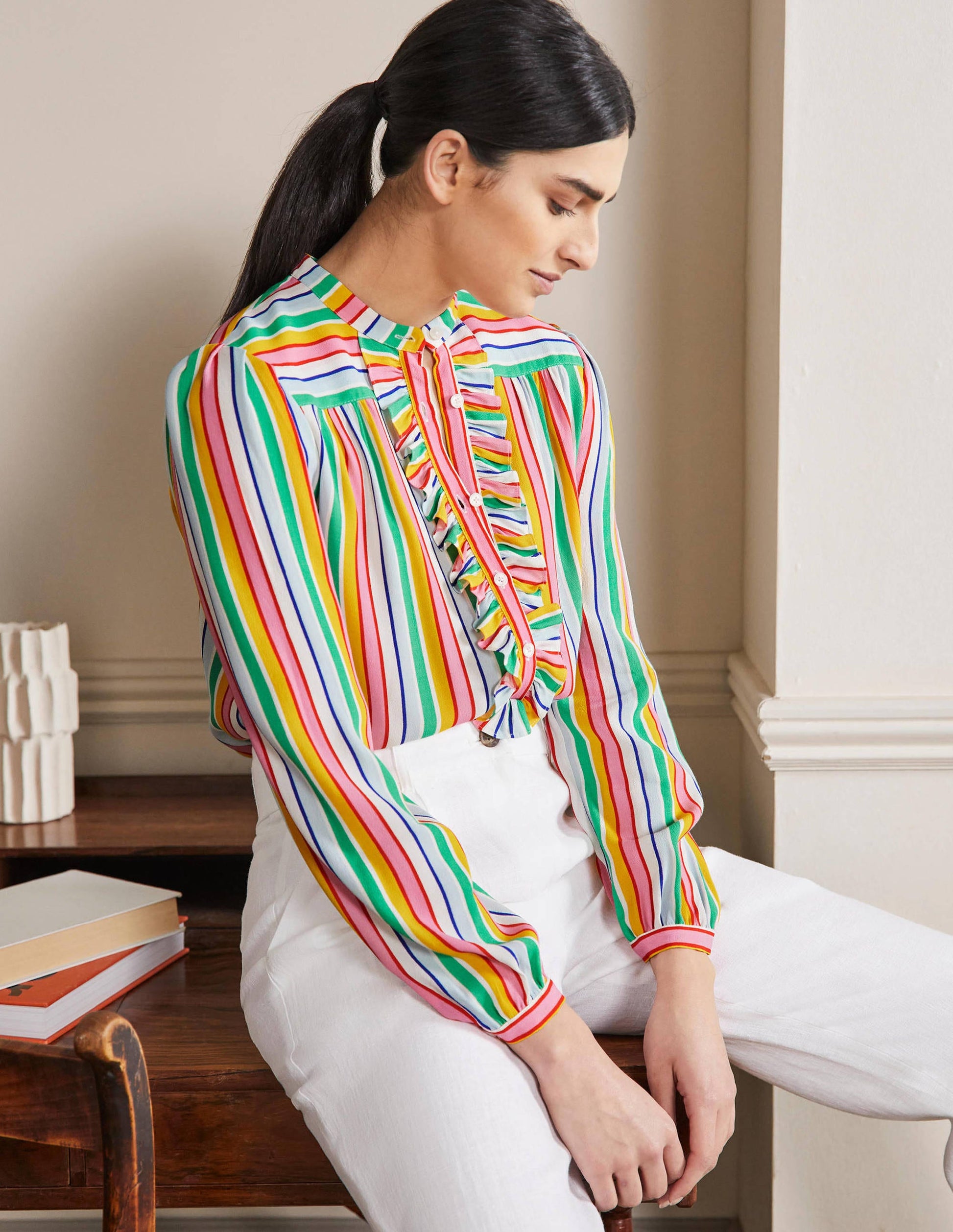Rüschenbluse zum Hineinschlüpfen-Regenbogen/Bunt, Gestreift-4