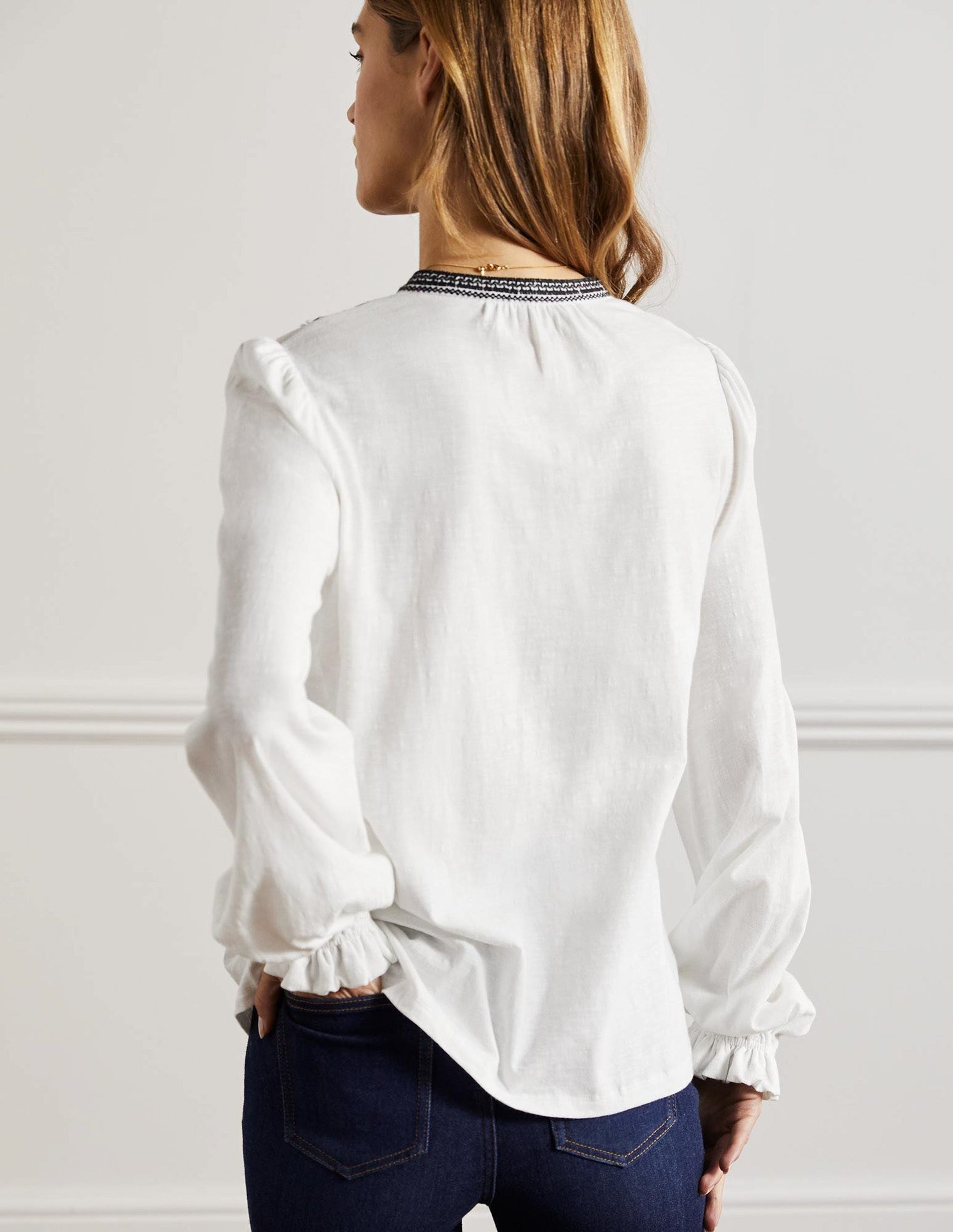 Embroidered Notch Neck Top-White, Embroidered-8