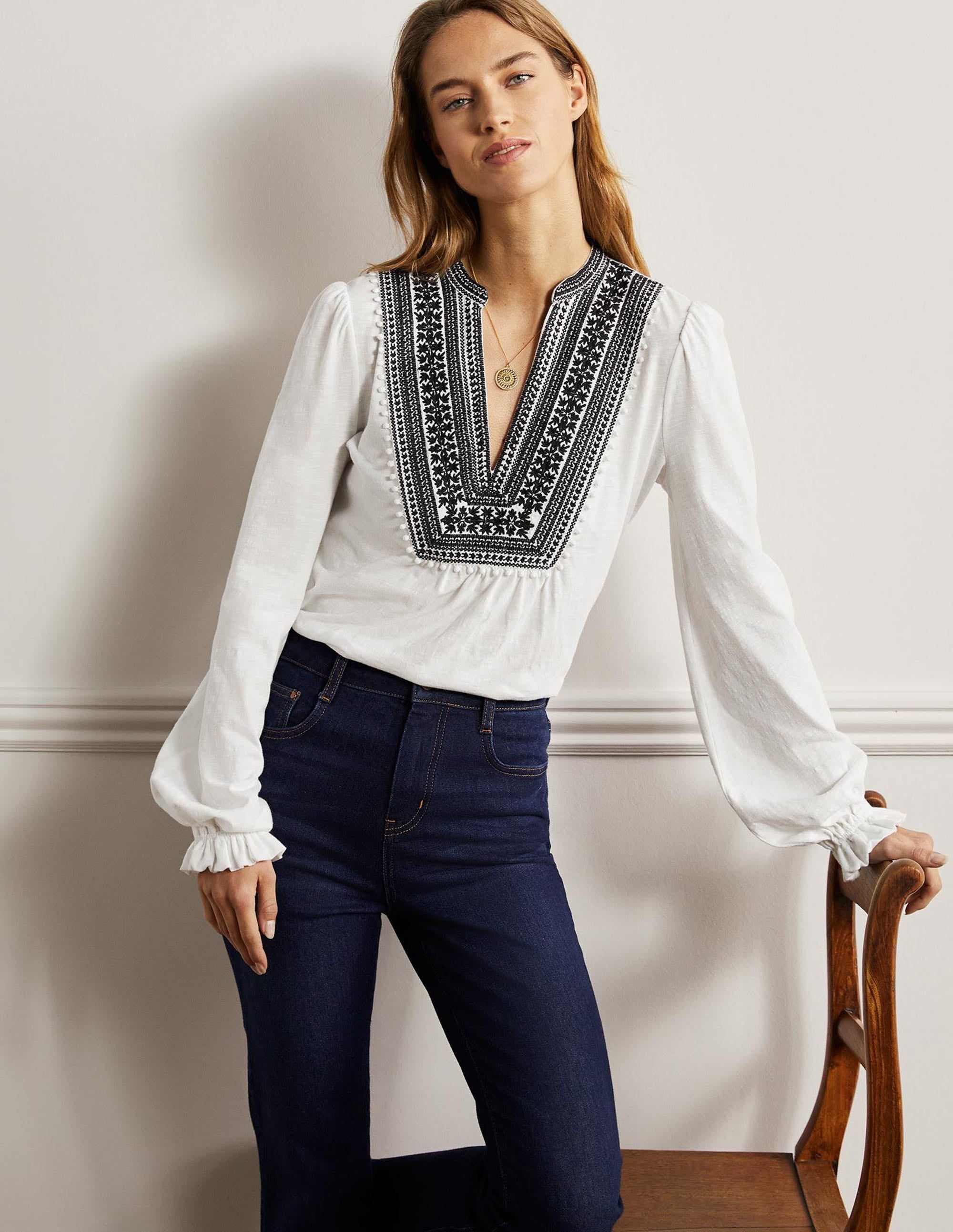 Embroidered Notch Neck Top-White, Embroidered - Image 9