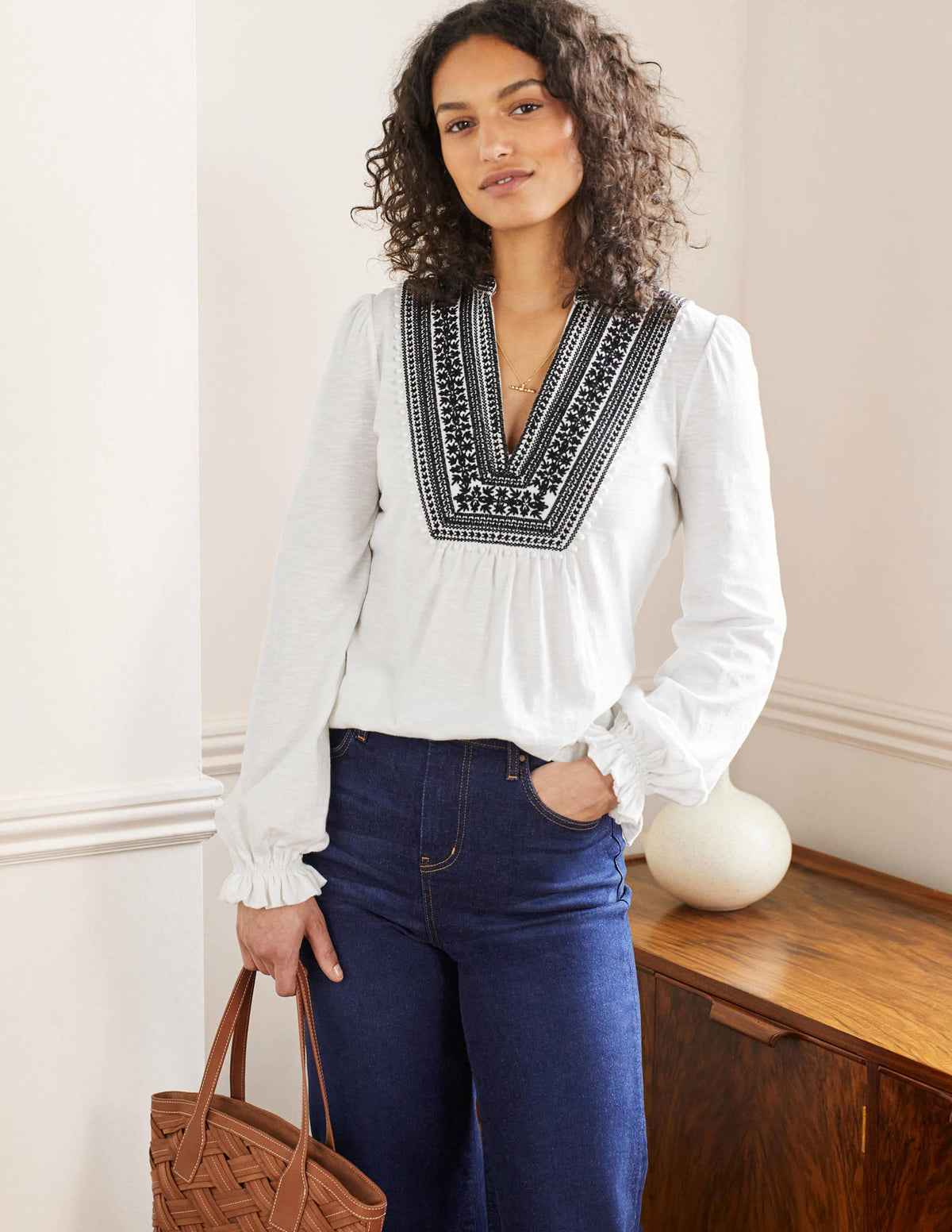 Embroidered Notch Neck Top-White, Embroidered-1