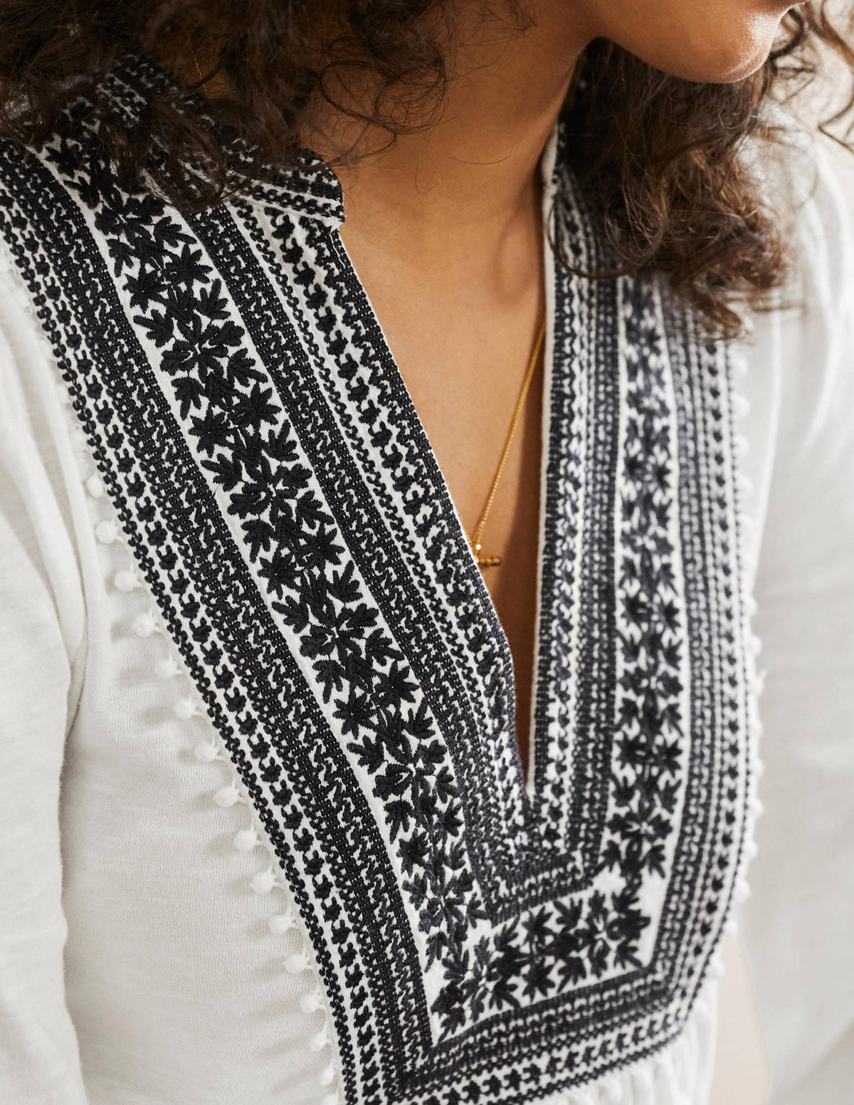 Embroidered Notch Neck Top-White, Embroidered-2