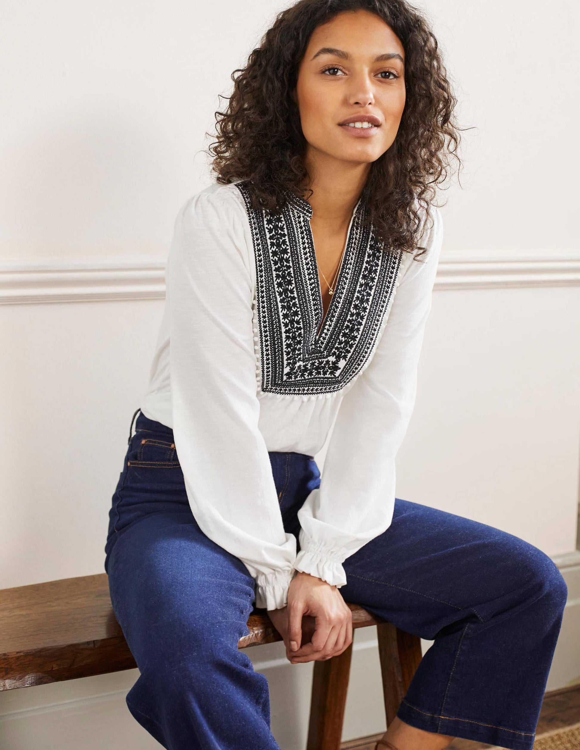 Embroidered Notch Neck Top-White, Embroidered-4