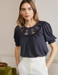 Top Anais à manches bouffantes et détail crocheté-Bleu marine