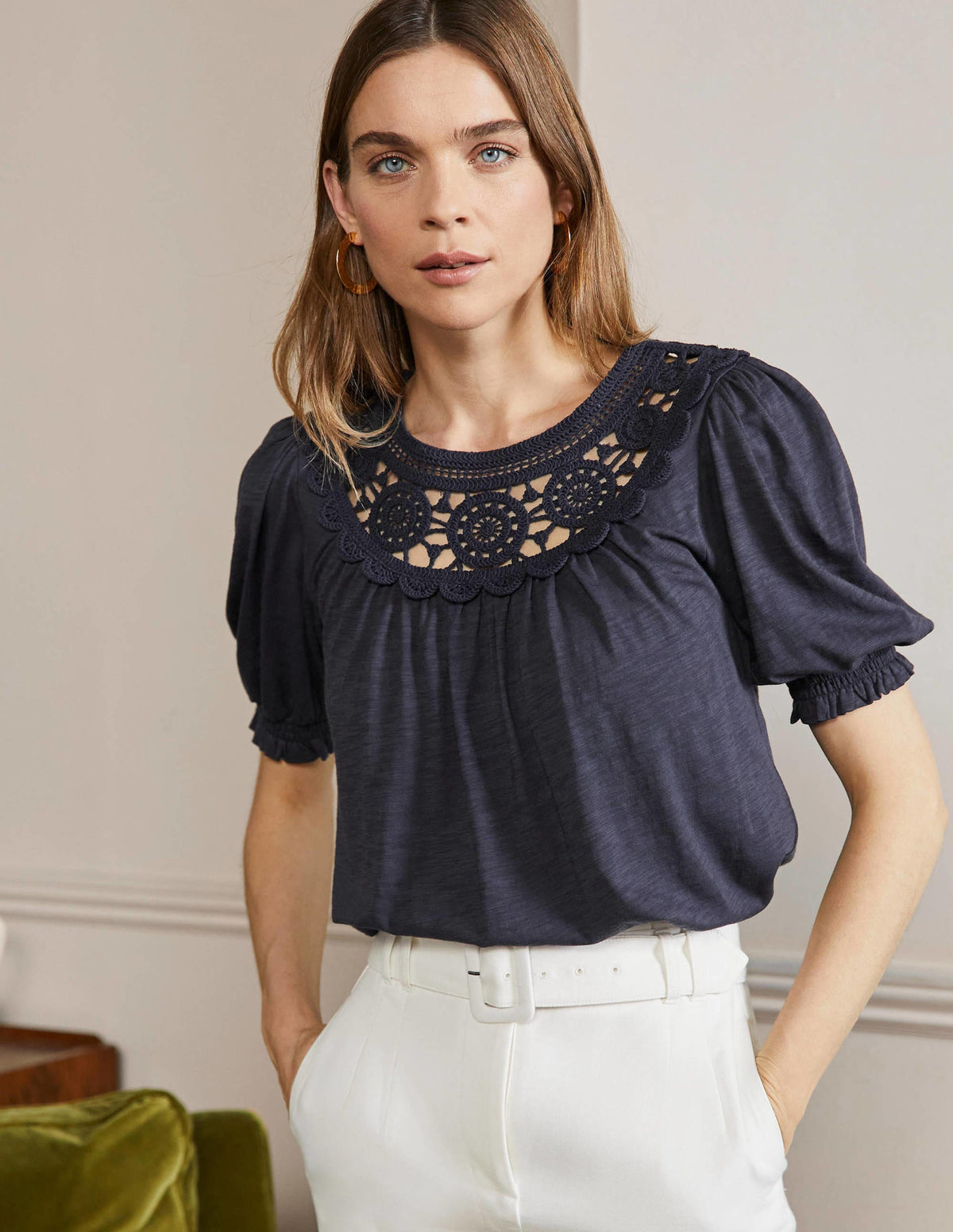Top Anais à manches bouffantes et détail crocheté-Bleu marine-1