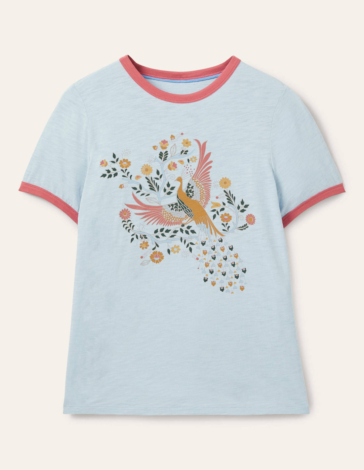 Baumwoll-T-Shirt mit kontrastierenden Rippbündchen-Blau, Bezaubernder Pfau-5