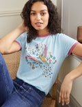 Baumwoll-T-Shirt mit kontrastierenden Rippbündchen-Blau, Bezaubernder Pfau