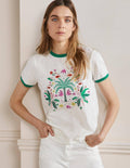 Baumwoll-T-Shirt mit kontrastierenden Rippbündchen-Naturweiß, Orientalisches Muster