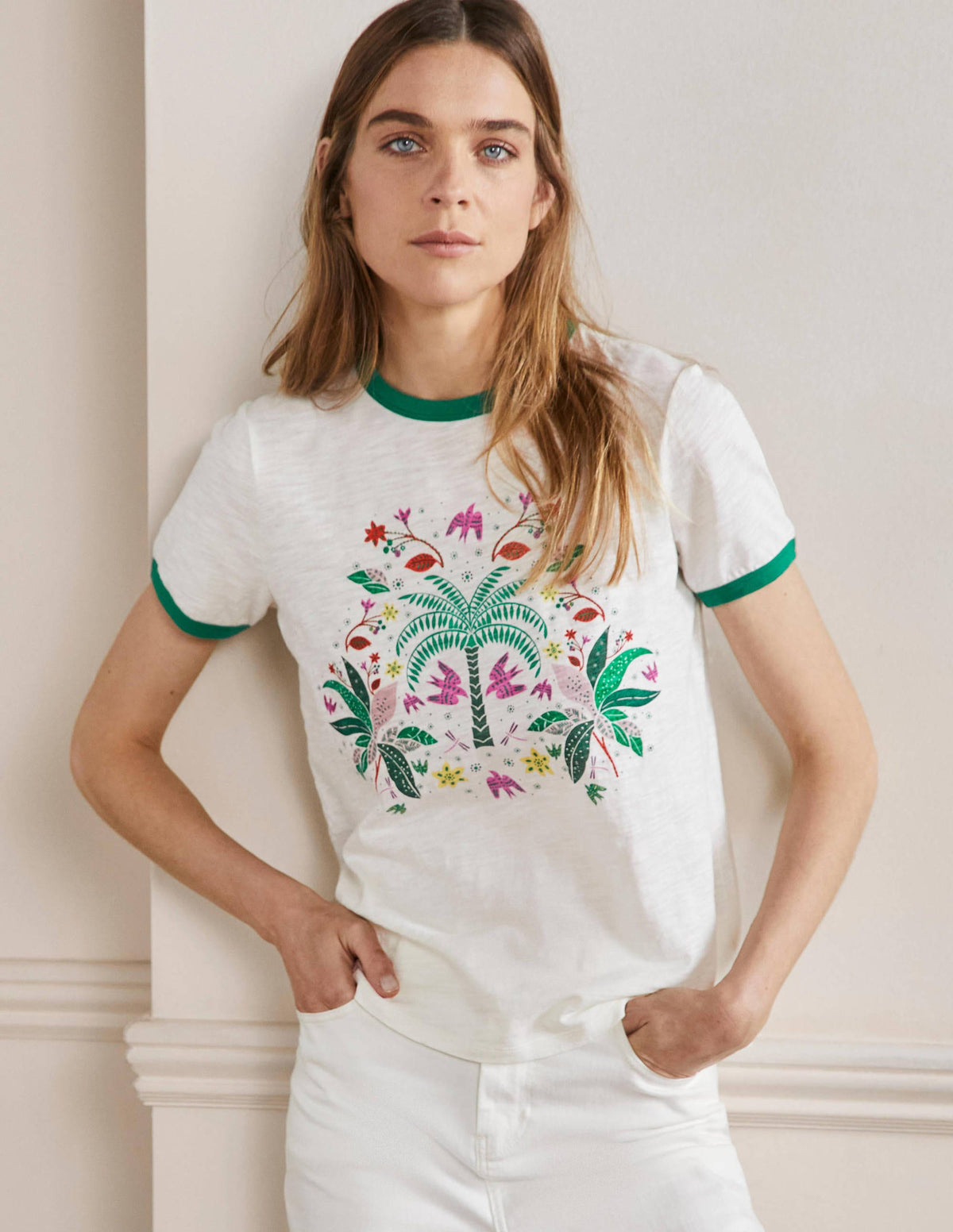 Baumwoll-T-Shirt mit kontrastierenden Rippbündchen-Naturweiß, Orientalisches Muster-1