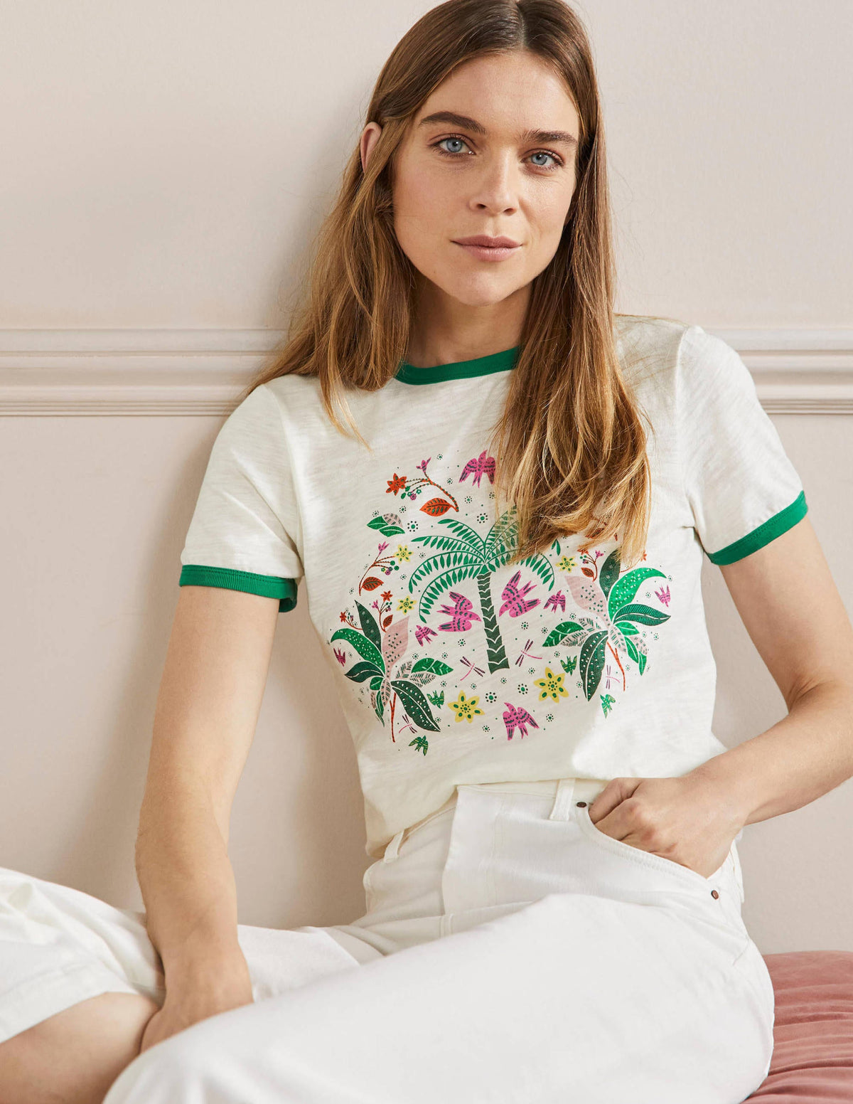 Baumwoll-T-Shirt mit kontrastierenden Rippbündchen-Naturweiß, Orientalisches Muster - Image 5