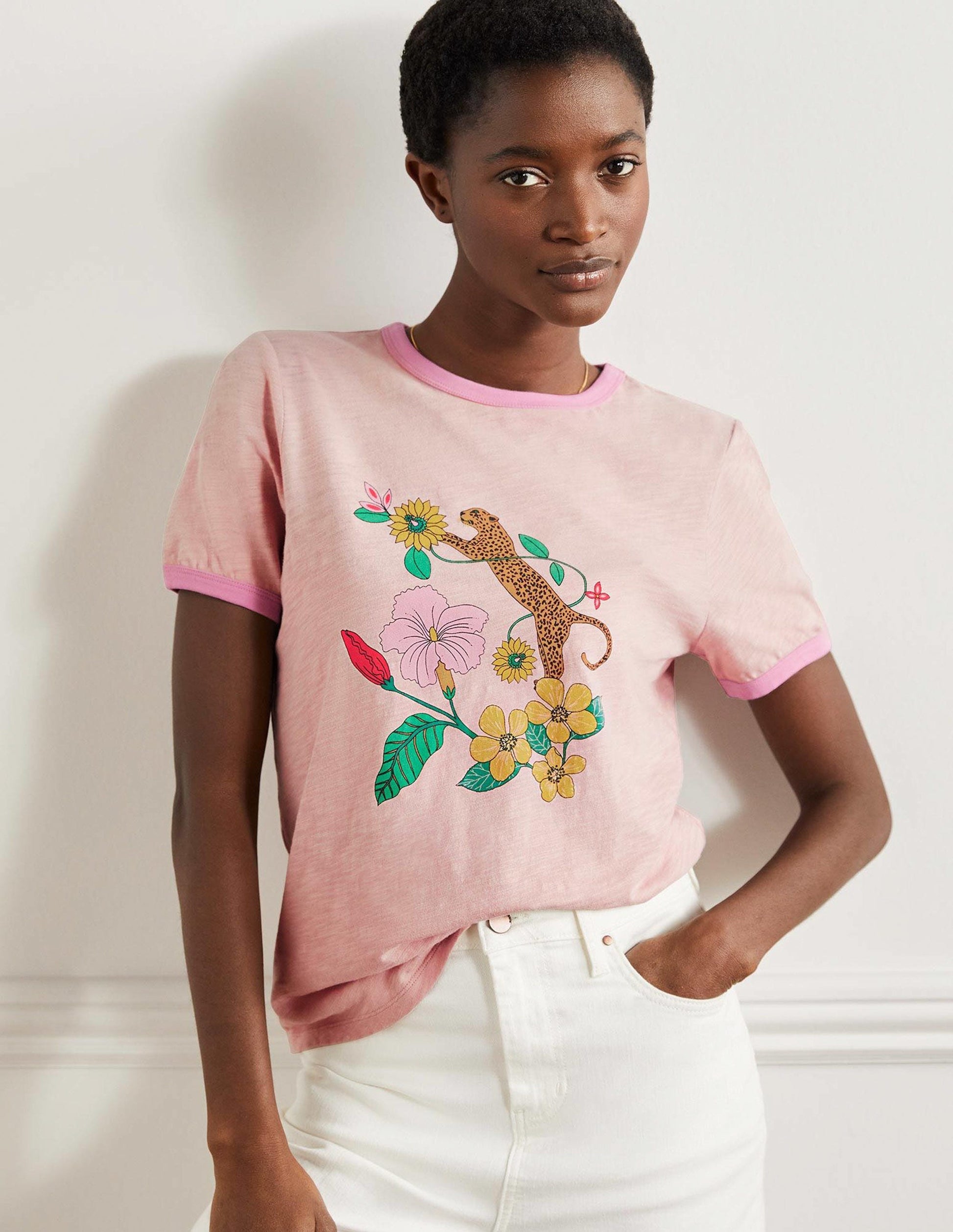 Baumwoll-T-Shirt mit kontrastierenden Rippbündchen-Milchshake, Exotisches Paradies-1