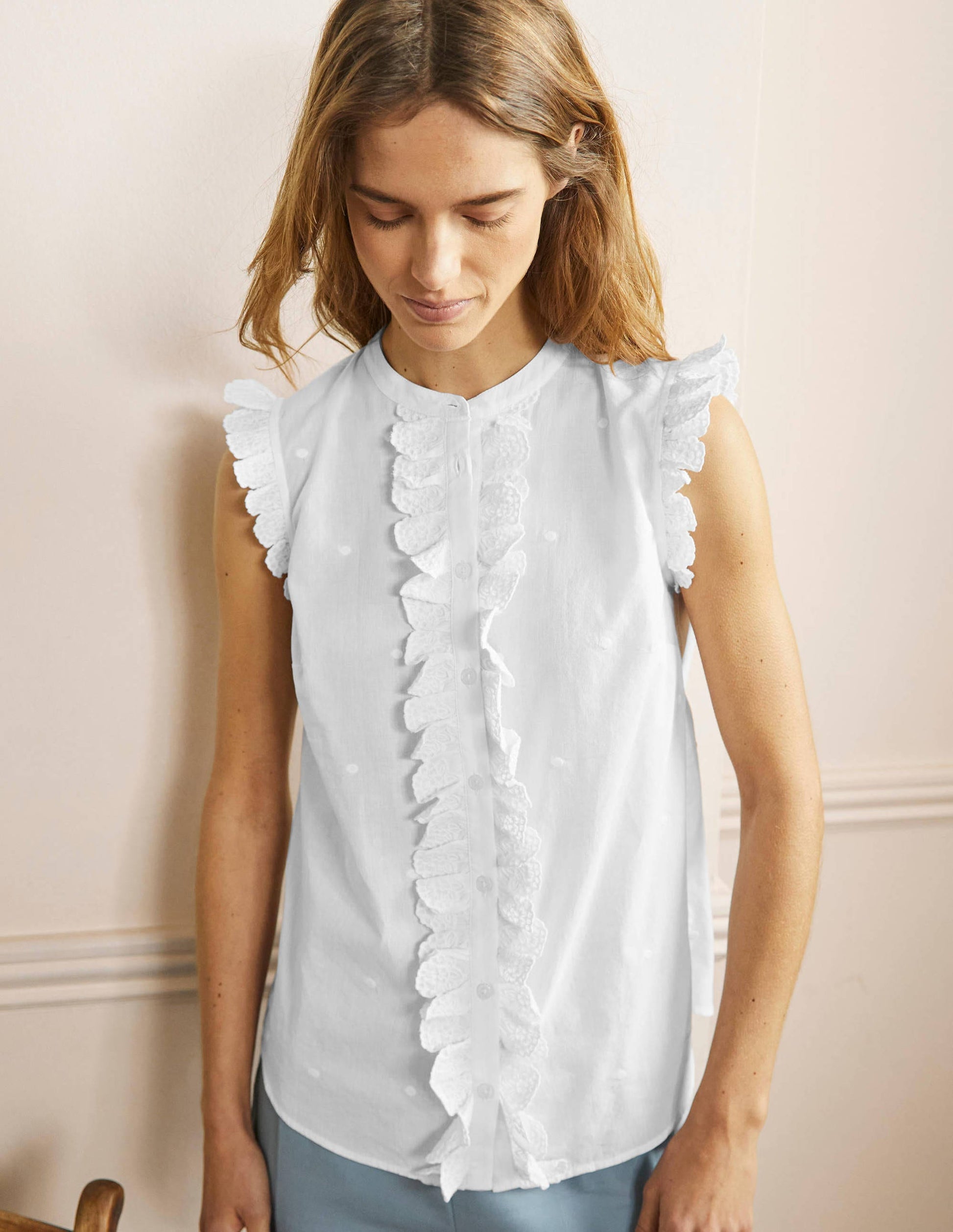 Sleeveless Embroidered Shirt-White-4