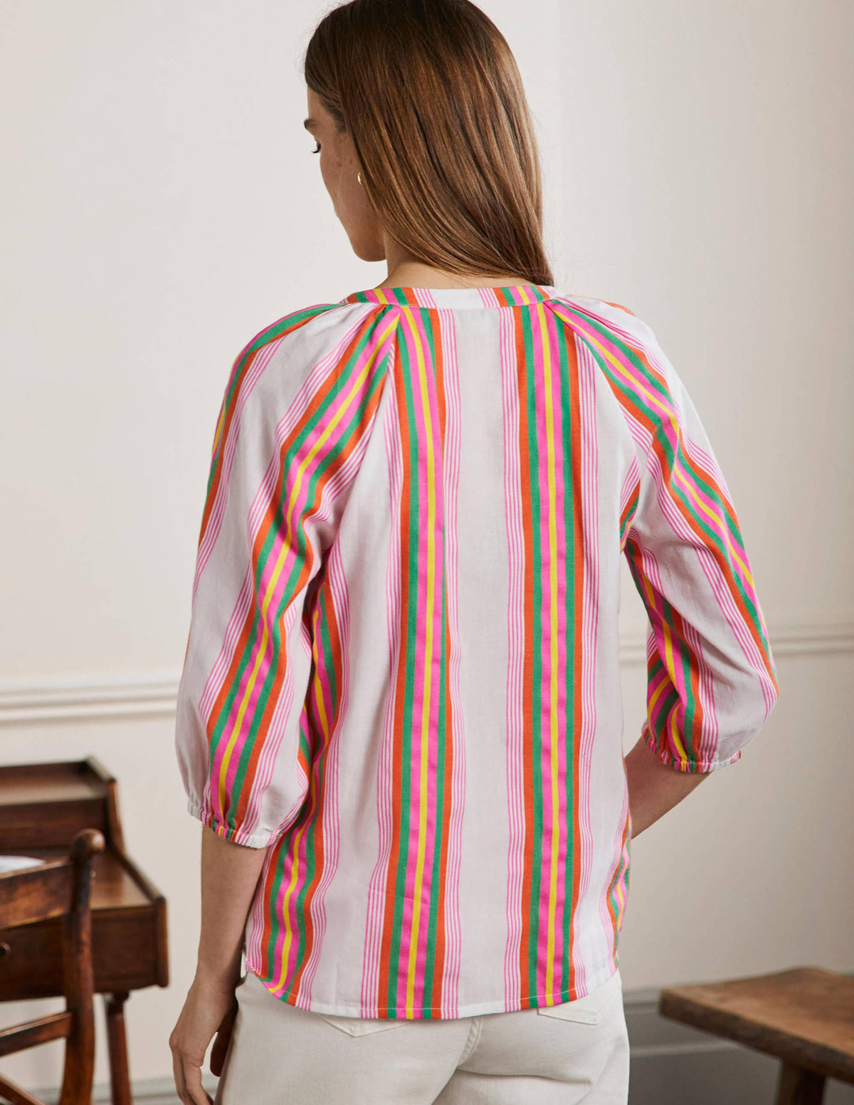 Louise Popover-Oberteil mit ¾-Ärmeln-Tropische Regenbogenstreifen, Gewebt-3