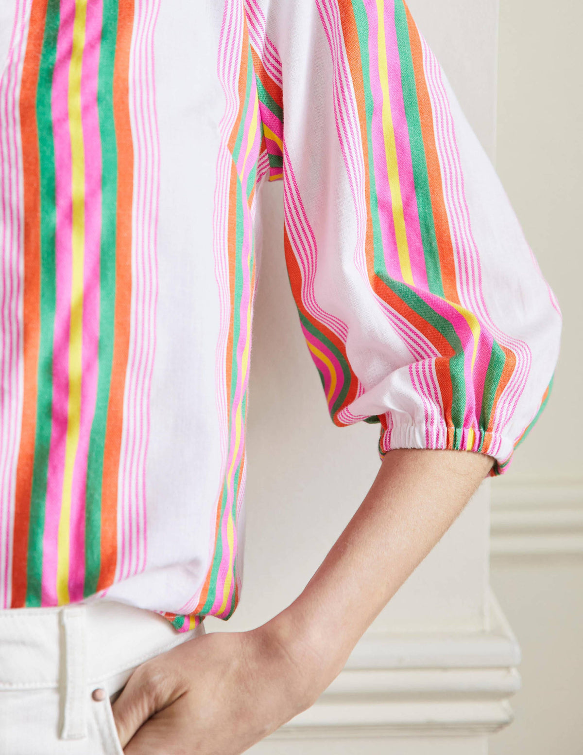 Louise Popover-Oberteil mit ¾-Ärmeln-Tropische Regenbogenstreifen, Gewebt-5