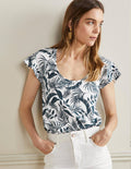 Scoop Flutter Sleeve T-Shirt-Ivory and Pink, Paradise Palm