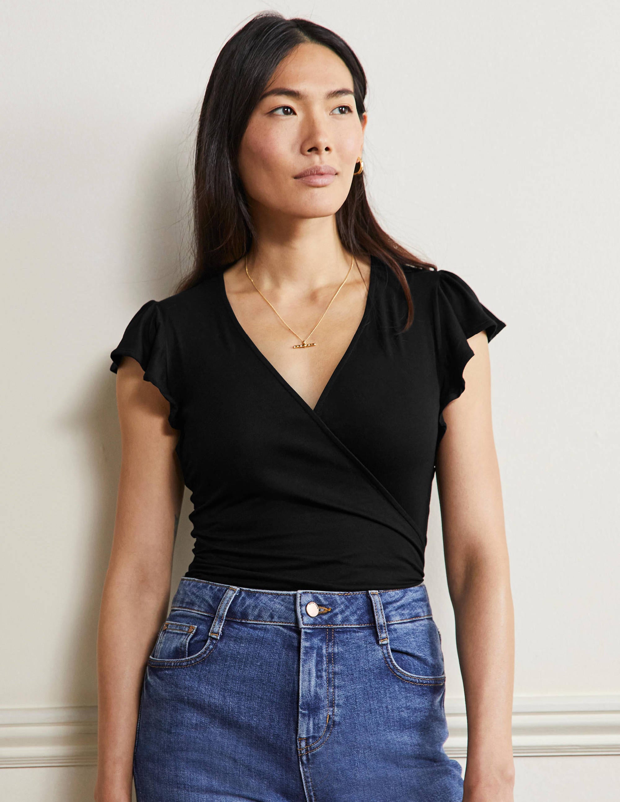 Flutter Sleeve Wrap Top-Black - Image 1