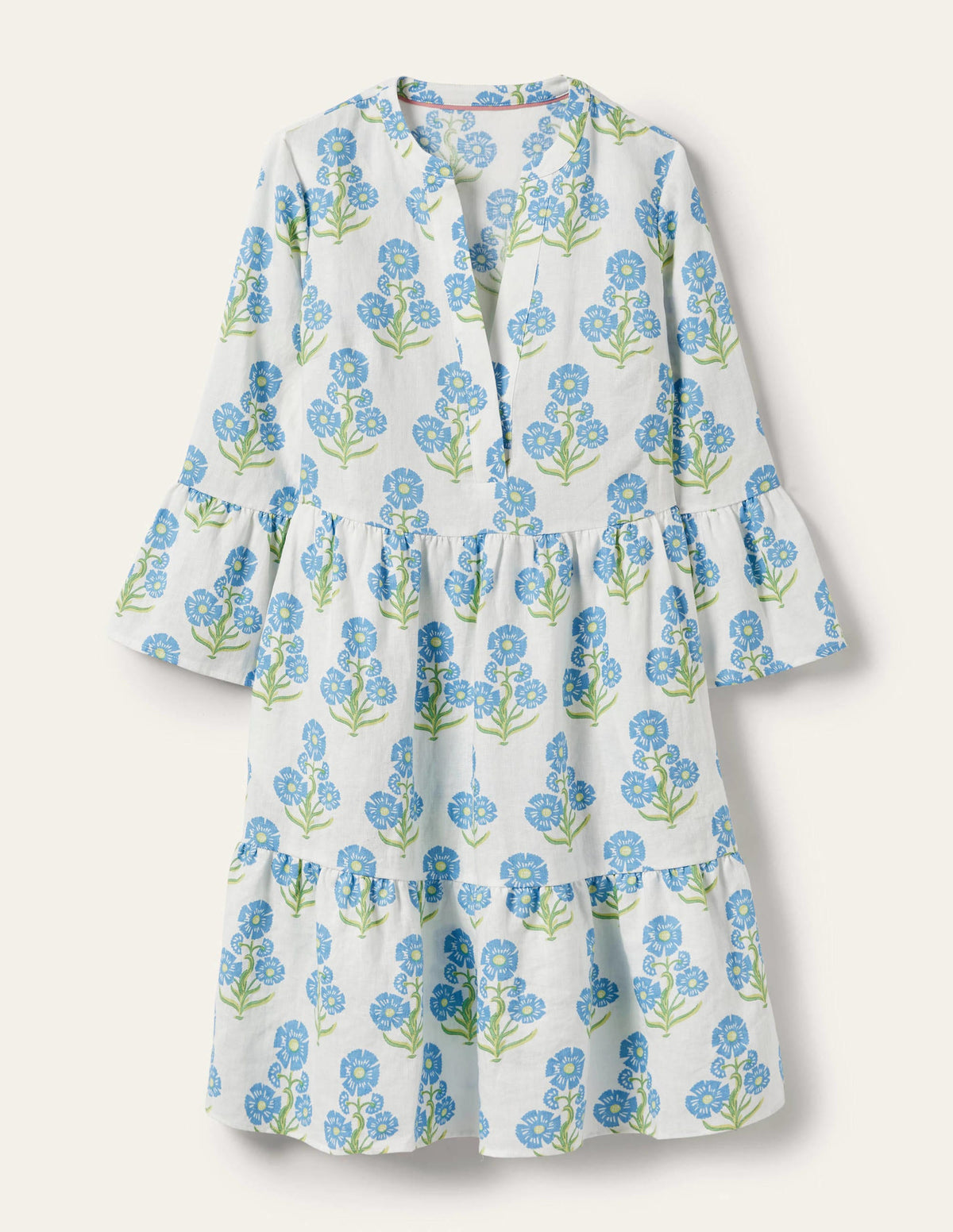 Lässiges Stufenkleid aus Leinen-Bahamasblau, Blumen/Holzschnittmuster - Image 5