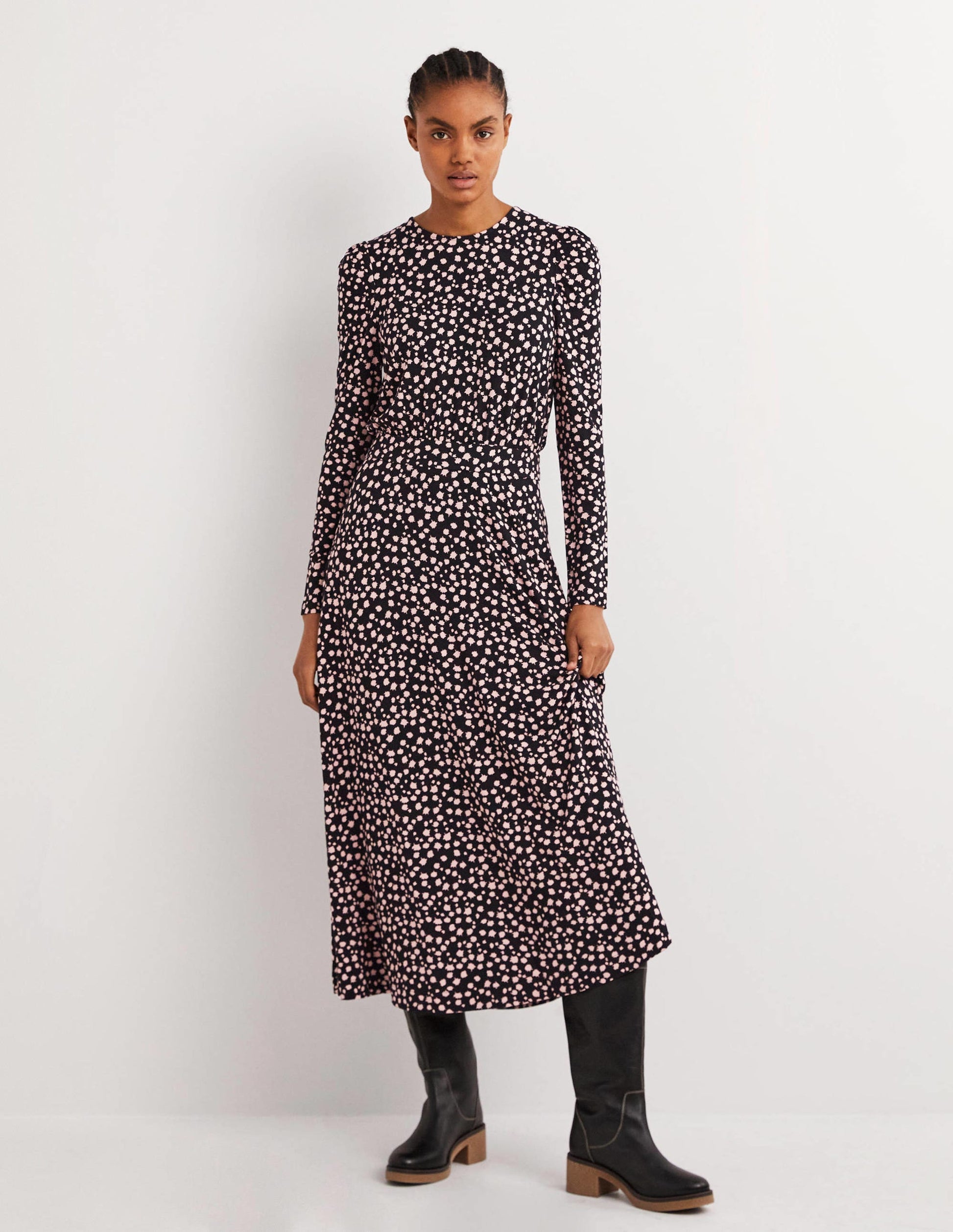 Jersey-Midikleid mit Puffärmeln-Schwarz, Fallende Knospen-1