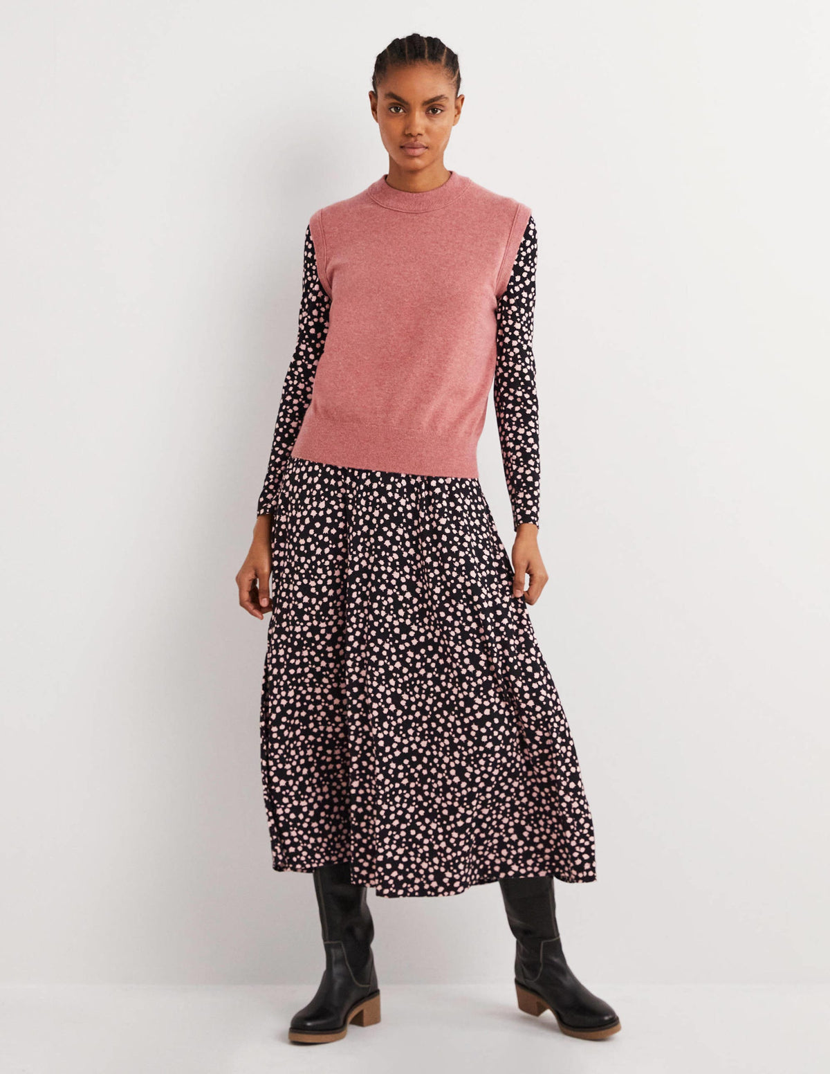 Jersey-Midikleid mit Puffärmeln-Schwarz, Fallende Knospen-5