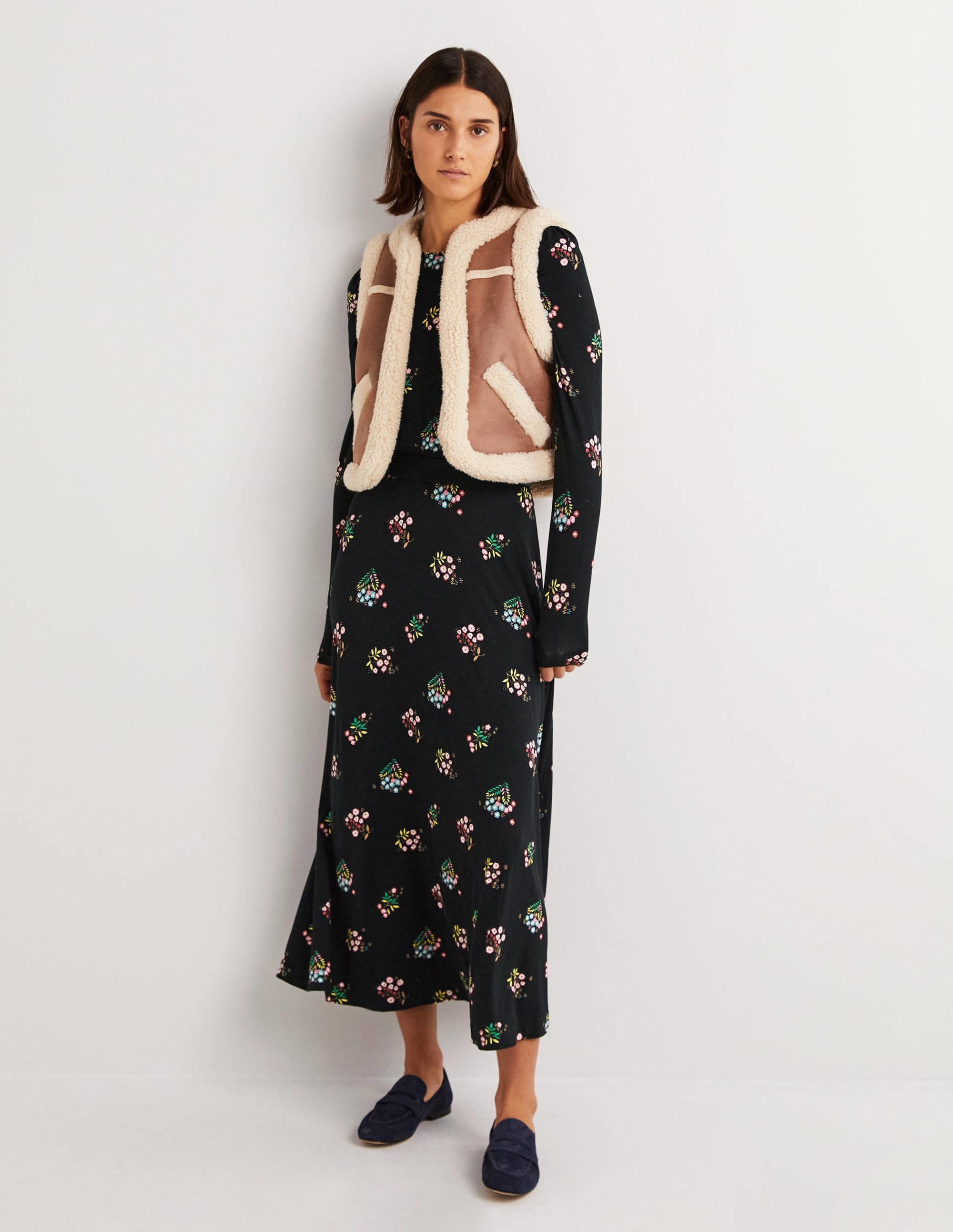 Robe midi en jersey à manches bouffantes-Noir, motif Delicate Sprig - Image 4