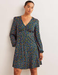 V-Neck Jersey Tea Dress-Navy, Floral Terrace