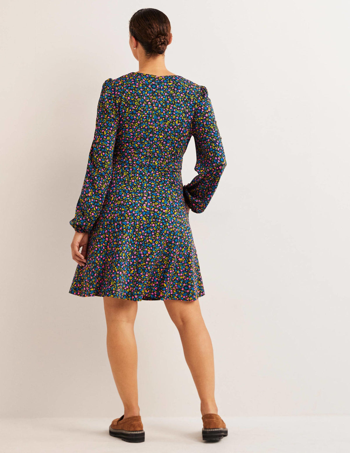 V-Neck Jersey Tea Dress-Navy, Floral Terrace - Image 3