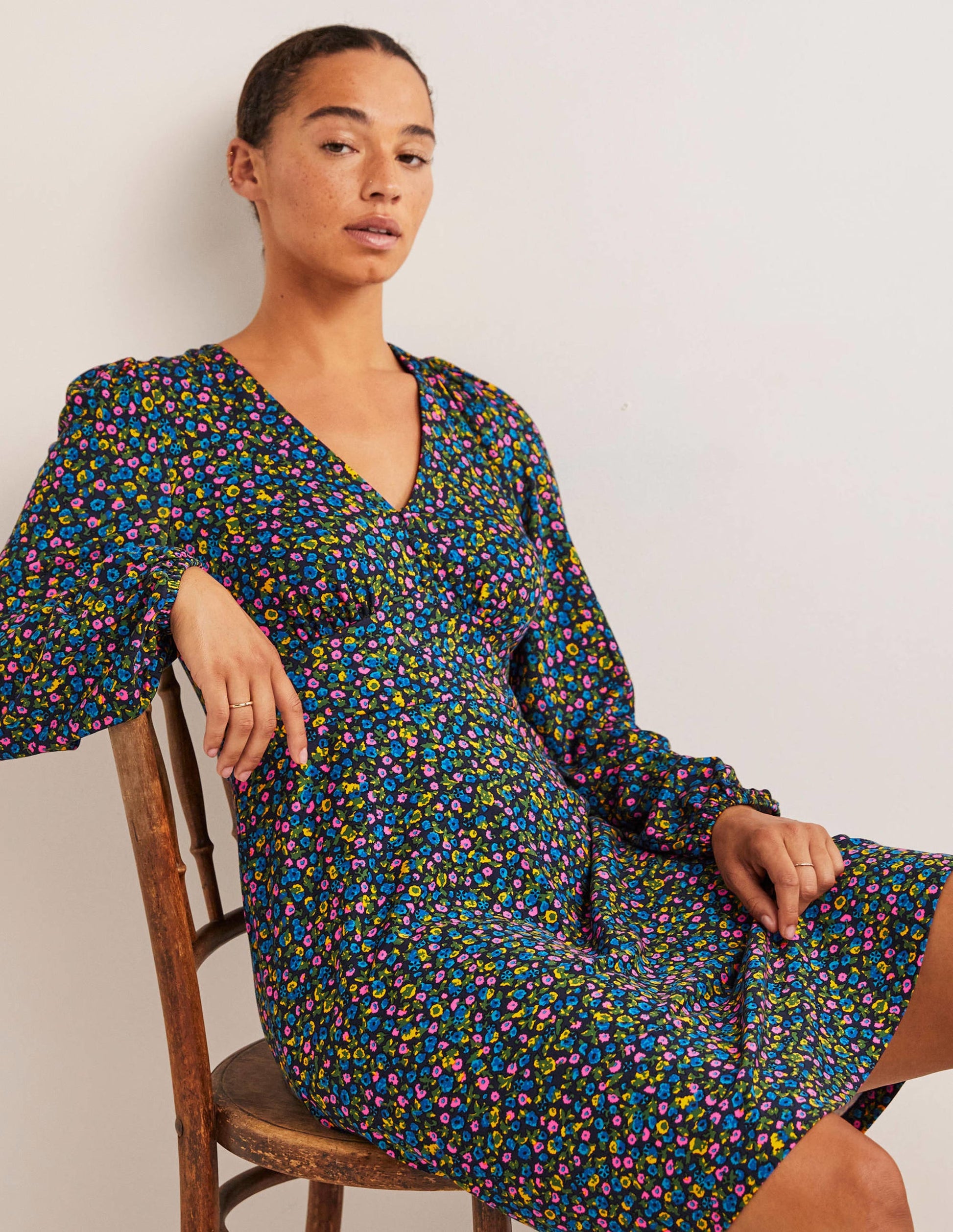 V-Neck Jersey Tea Dress-Navy, Floral Terrace-4