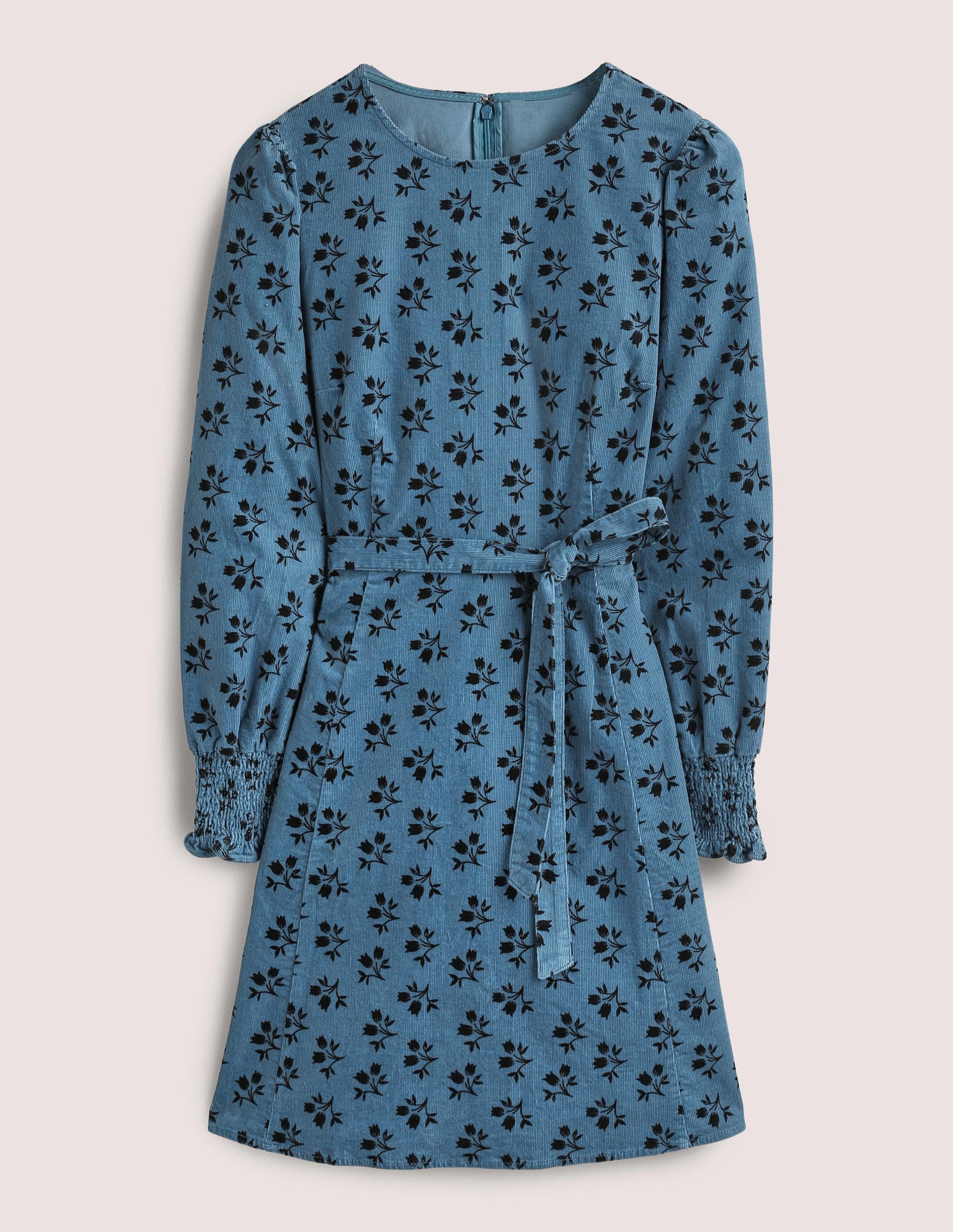 Cordkleid mit gesmokten Bündchen-Mittelblau, Blumenstrauß - Image 8