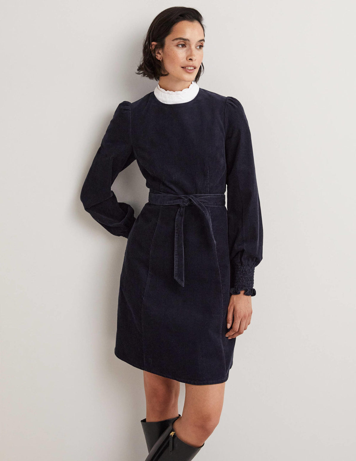 Cordkleid mit gesmokten Bündchen-Marineblau-1