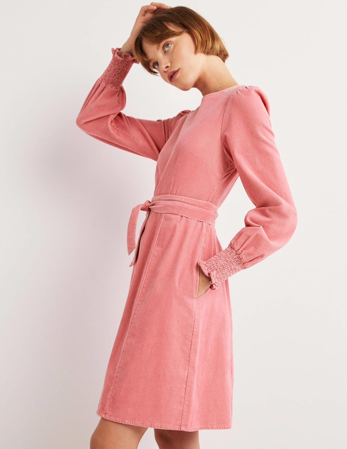 Robe en velours côtelé à poignets smockés-Rose sauvage - Image 4