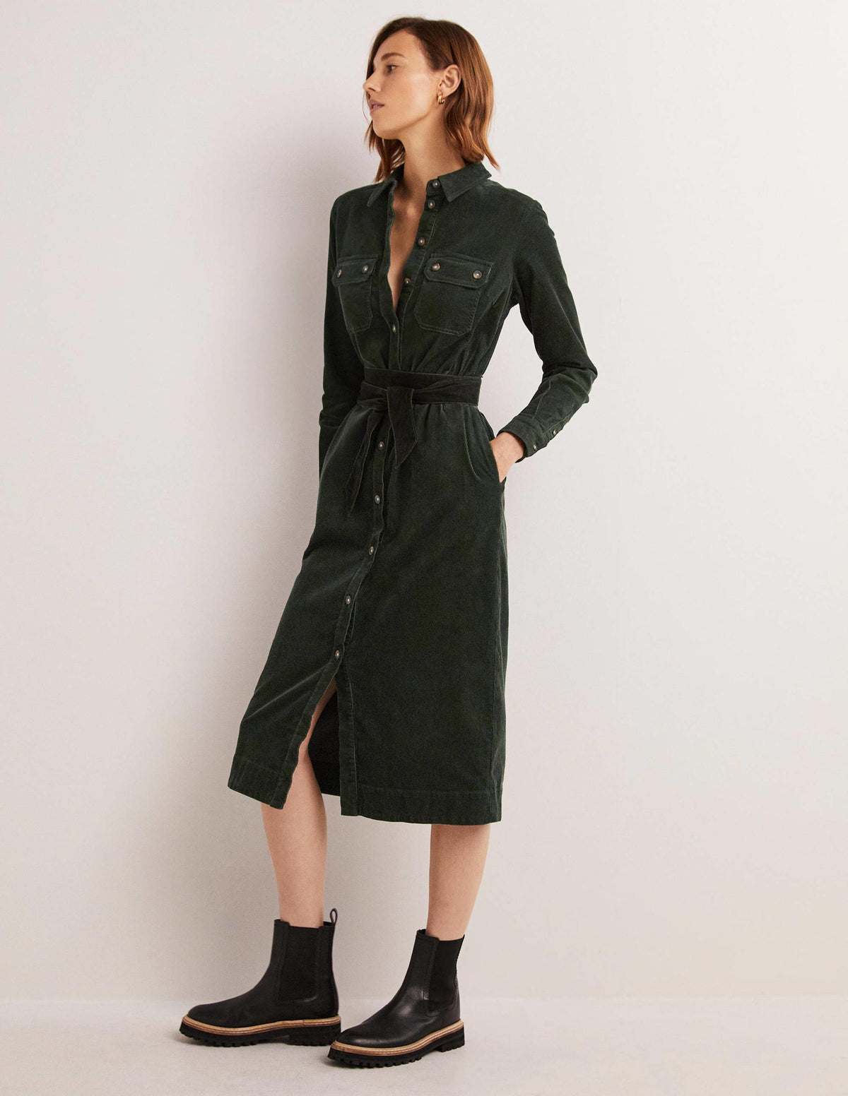 Robe-chemise midi en velours côtelé-Vert forêt - Image 1