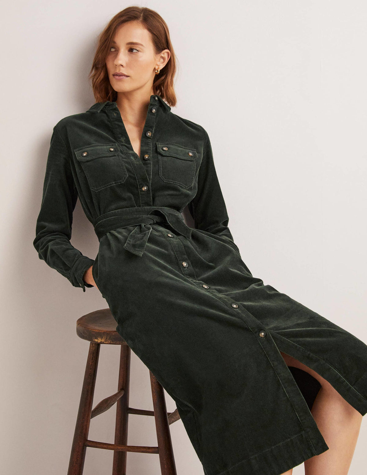 Robe-chemise midi en velours côtelé-Vert forêt-4