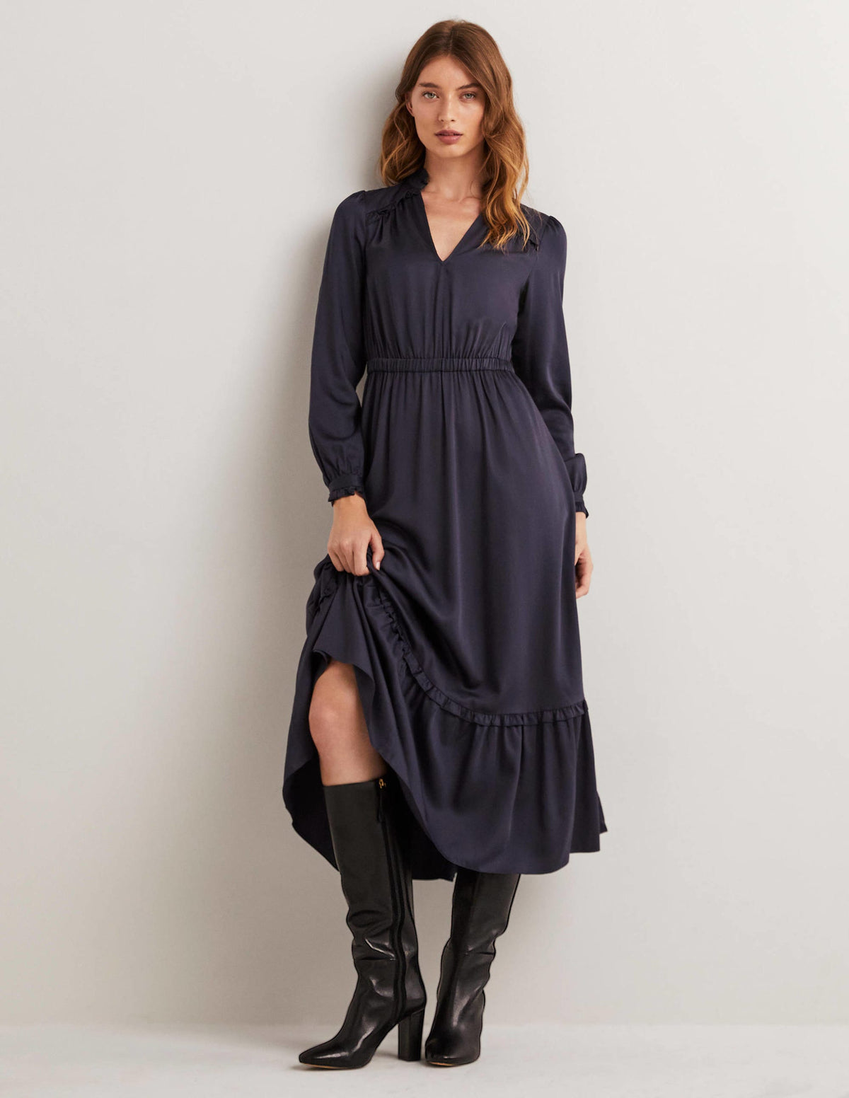 Satin-Midikleid mit Plisseefalten-Marineblau - Image 1