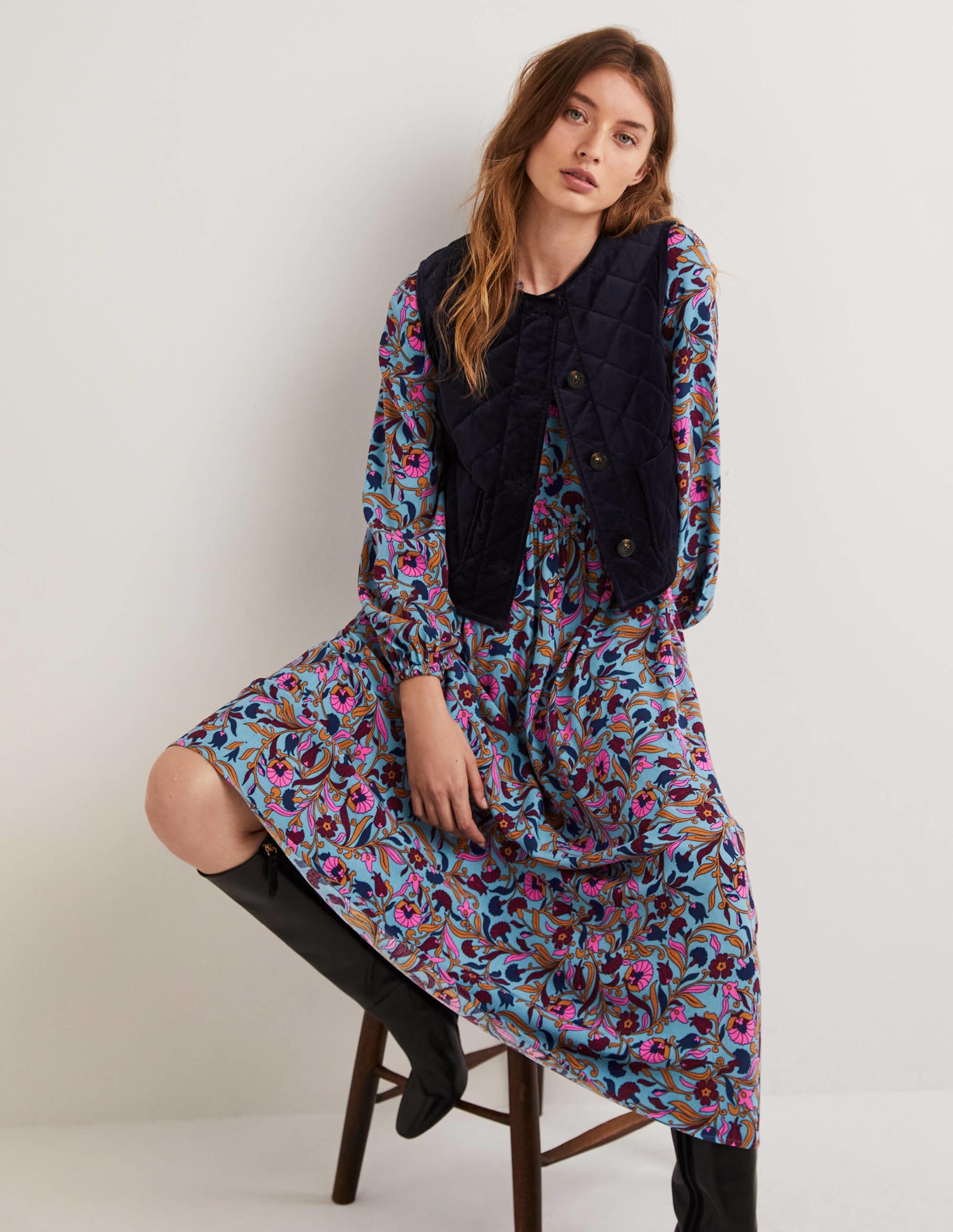 Robe longue imprimée à col cranté-Bleu moyen, motif Enchanting Vine - Image 1