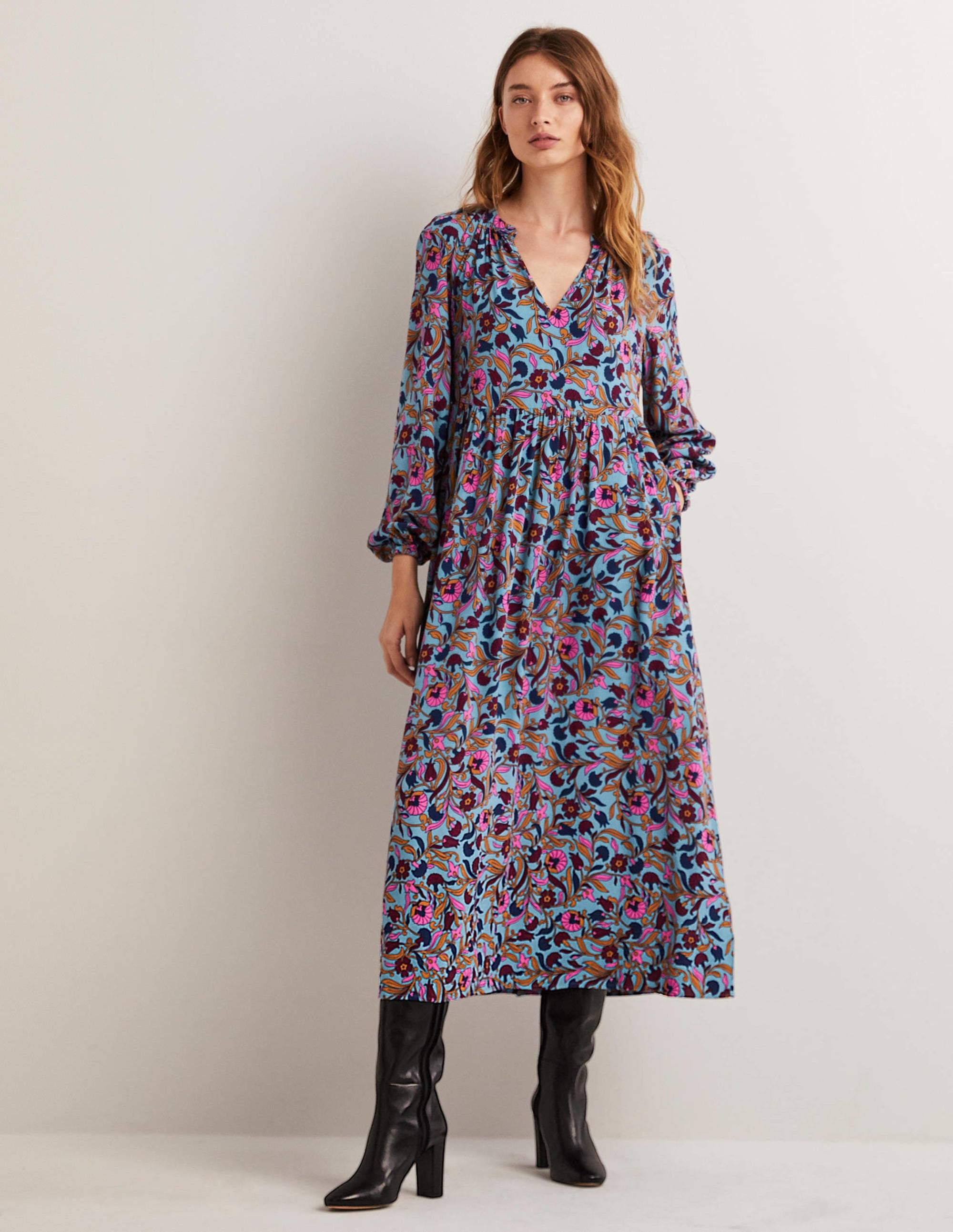 Robe longue imprimée à col cranté-Bleu moyen, motif Enchanting Vine - Image 2
