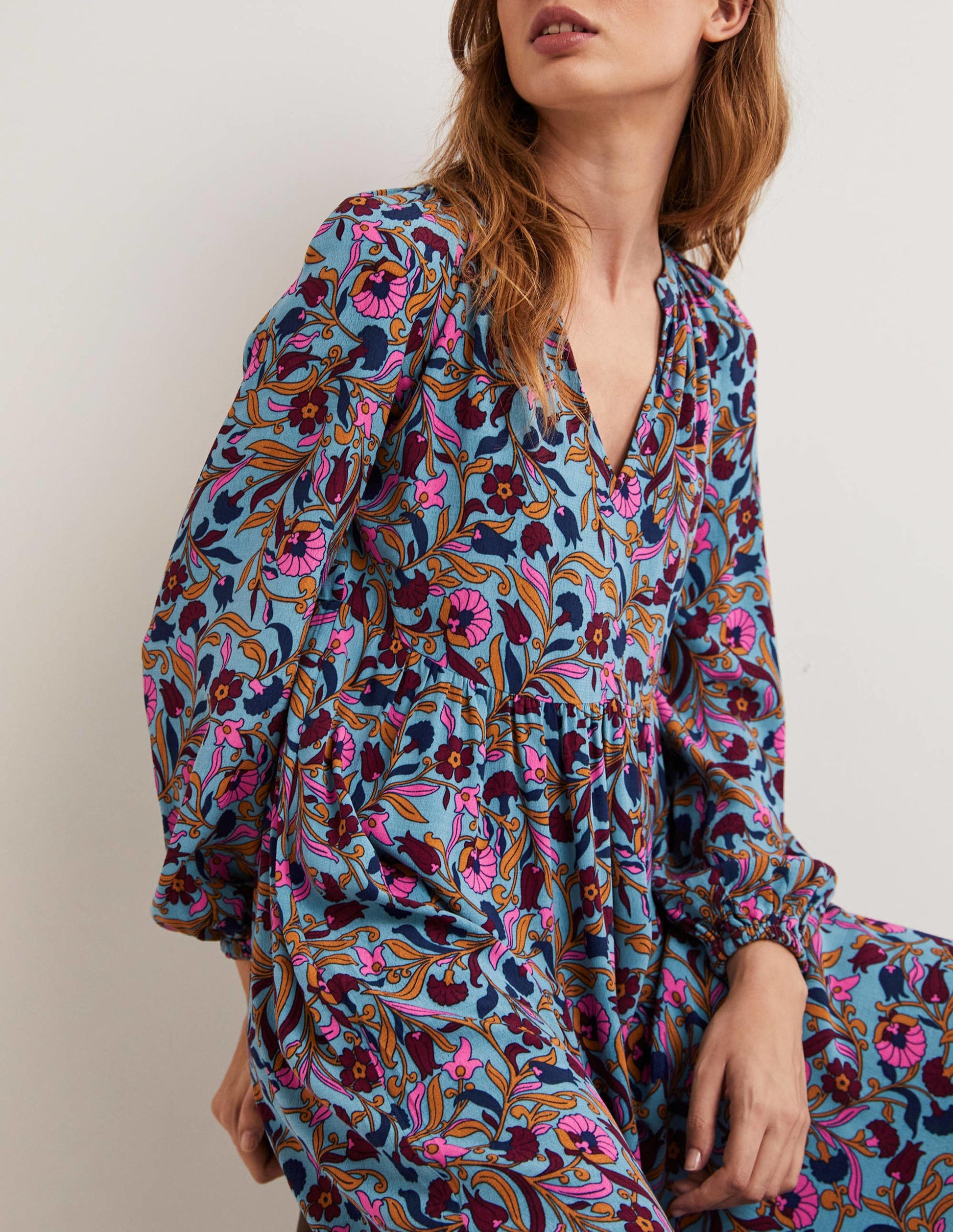 Robe longue imprimée à col cranté-Bleu moyen, motif Enchanting Vine-3