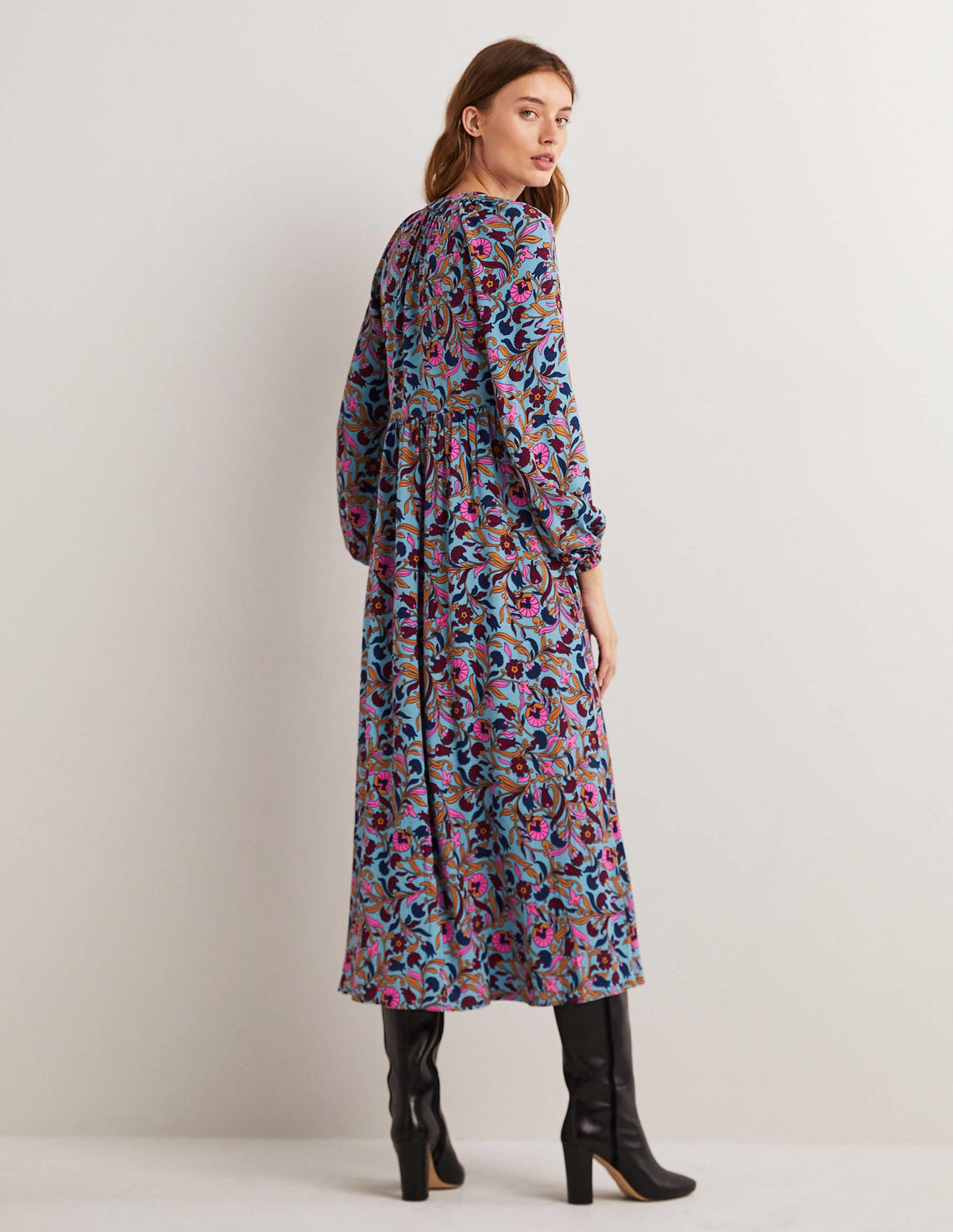 Robe longue imprimée à col cranté-Bleu moyen, motif Enchanting Vine-4