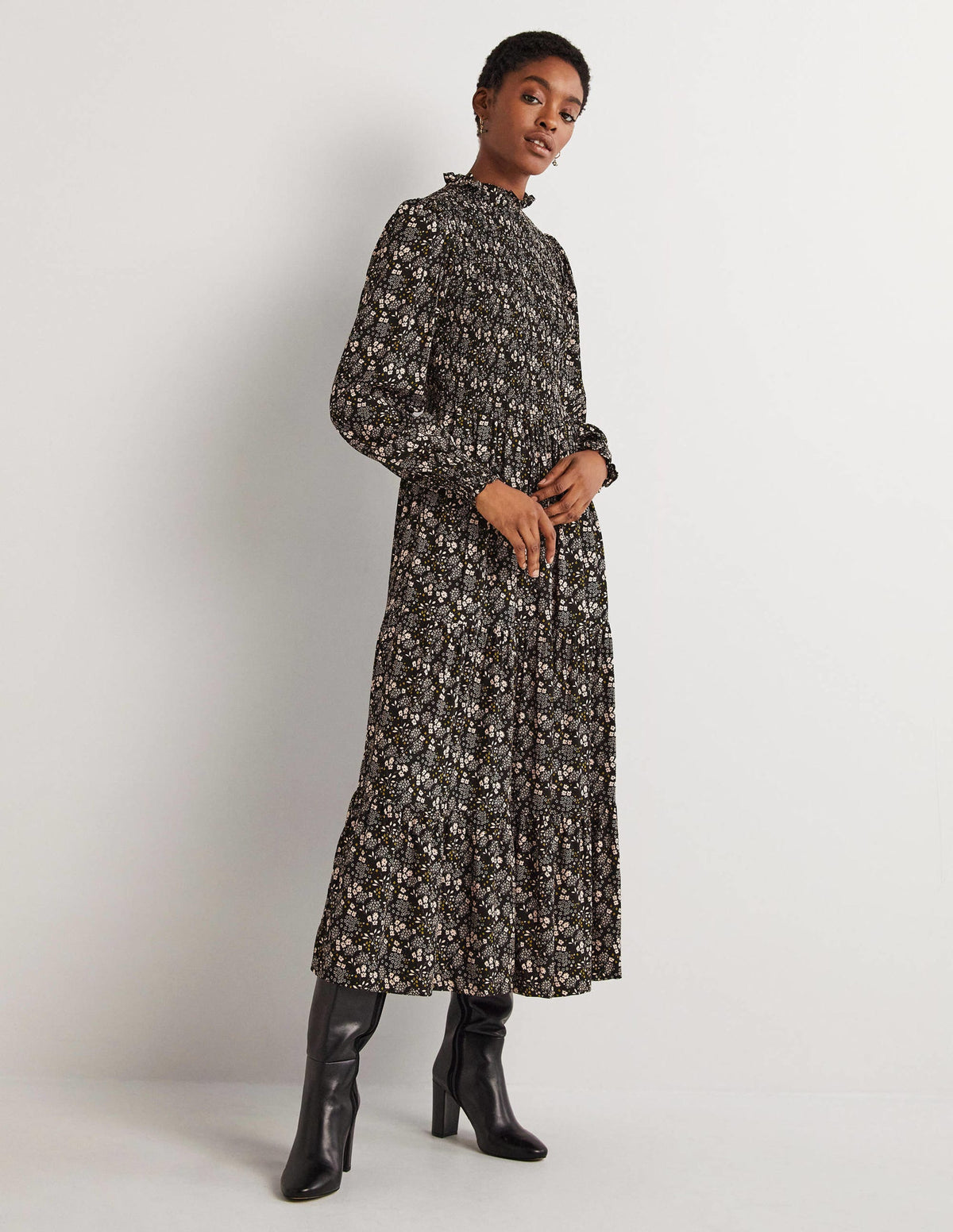Smocked Tiered Midi Dress-Black, Prairie Garden - Image 1