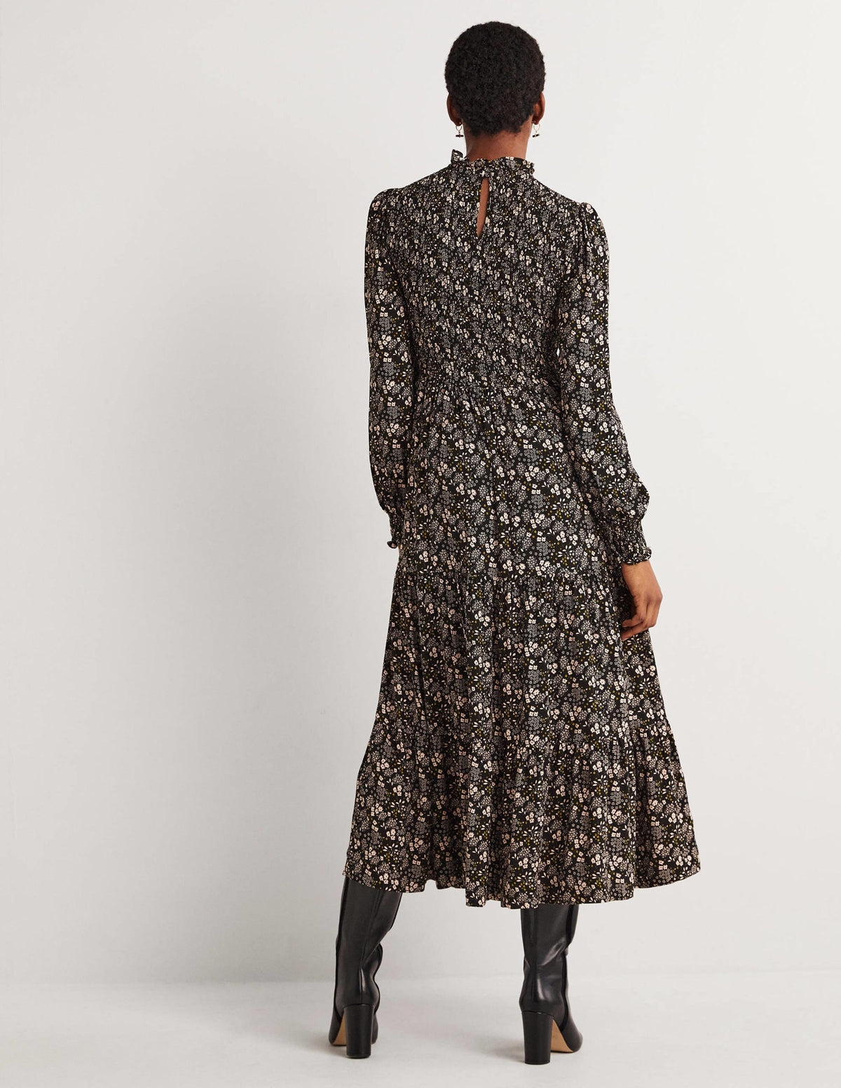 Smocked Tiered Midi Dress-Black, Prairie Garden - Image 3