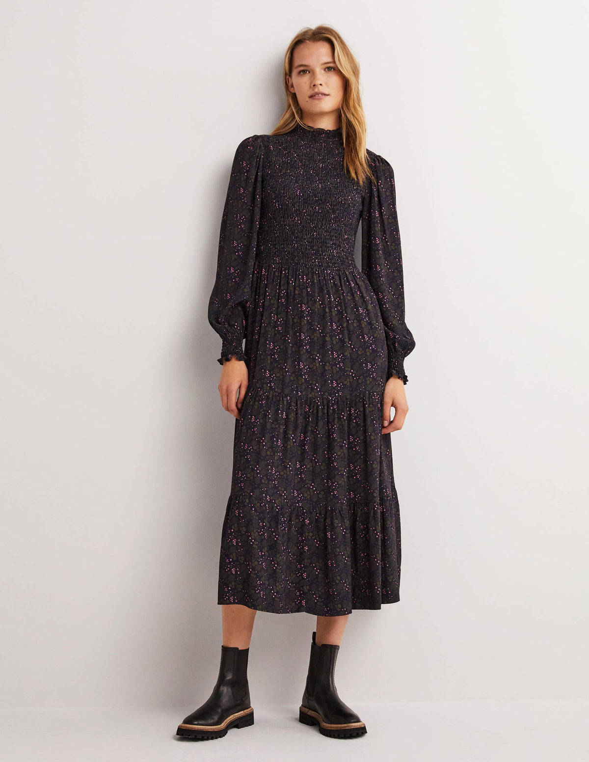 Gestuftes Midikleid mit Smokdetails-Navy, Präriegarten-1