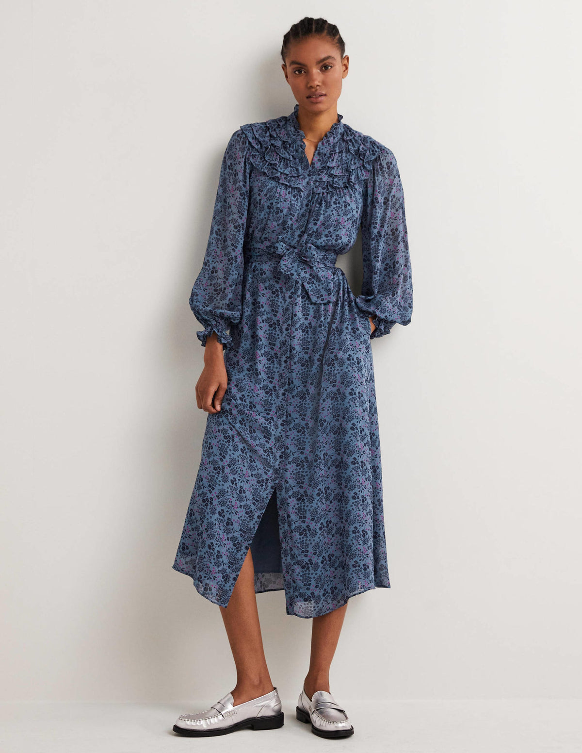 Midi-Hemdblusenkleid mit gerüschter Passe-Mittelblau, Präriegarten-1